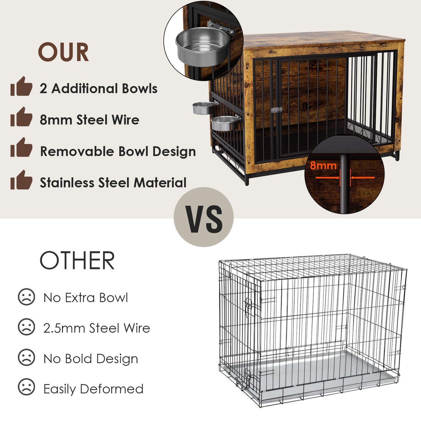 LAZY BUDDY Dog Crate Furniture with Bowls, Wooden Dog Crate End Table with Tray, Brown