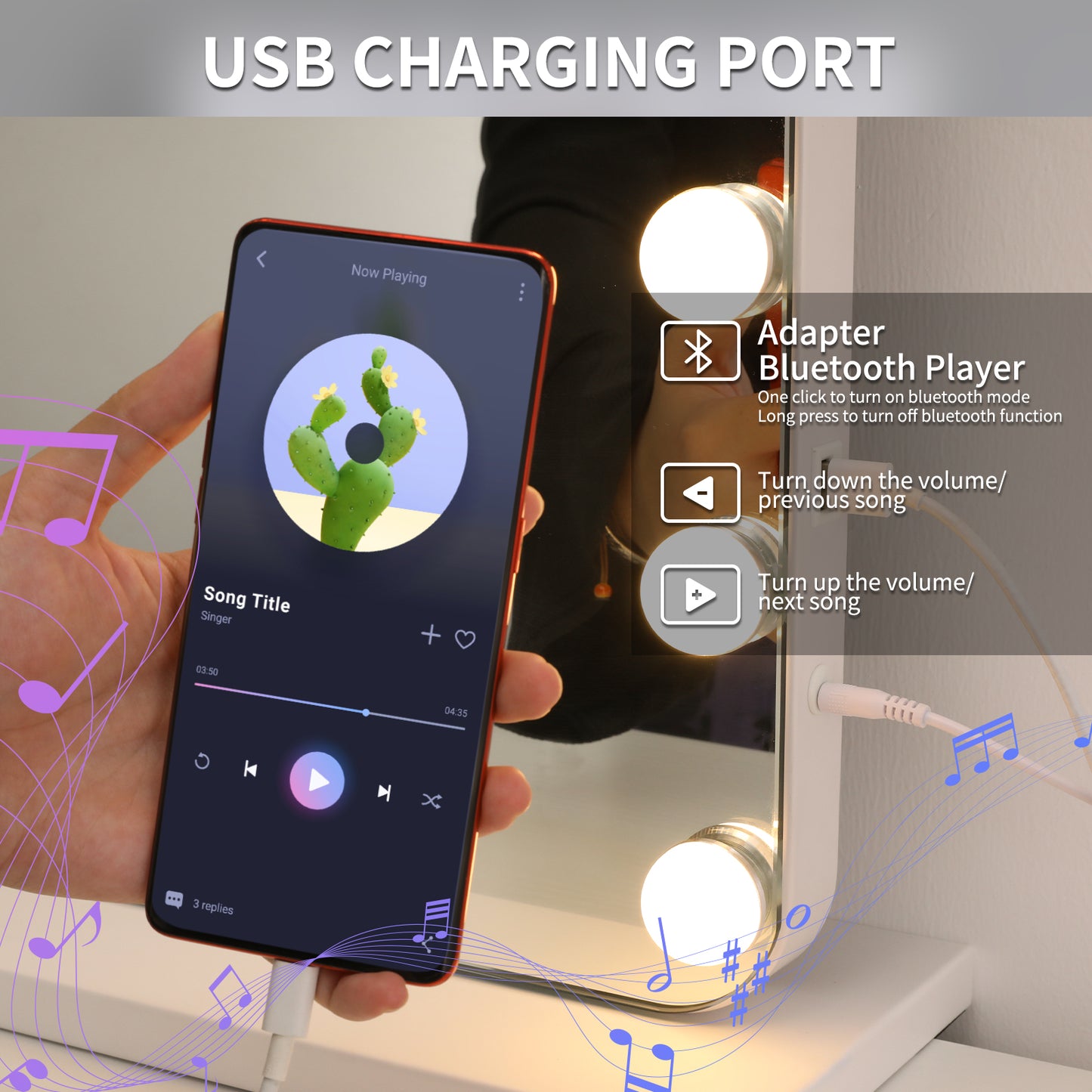 LAZY BUDDY Hollywood Vanity Makeup Mirror with 3 Color Lights, USB Charging, Tabletop or Wall-Mounted