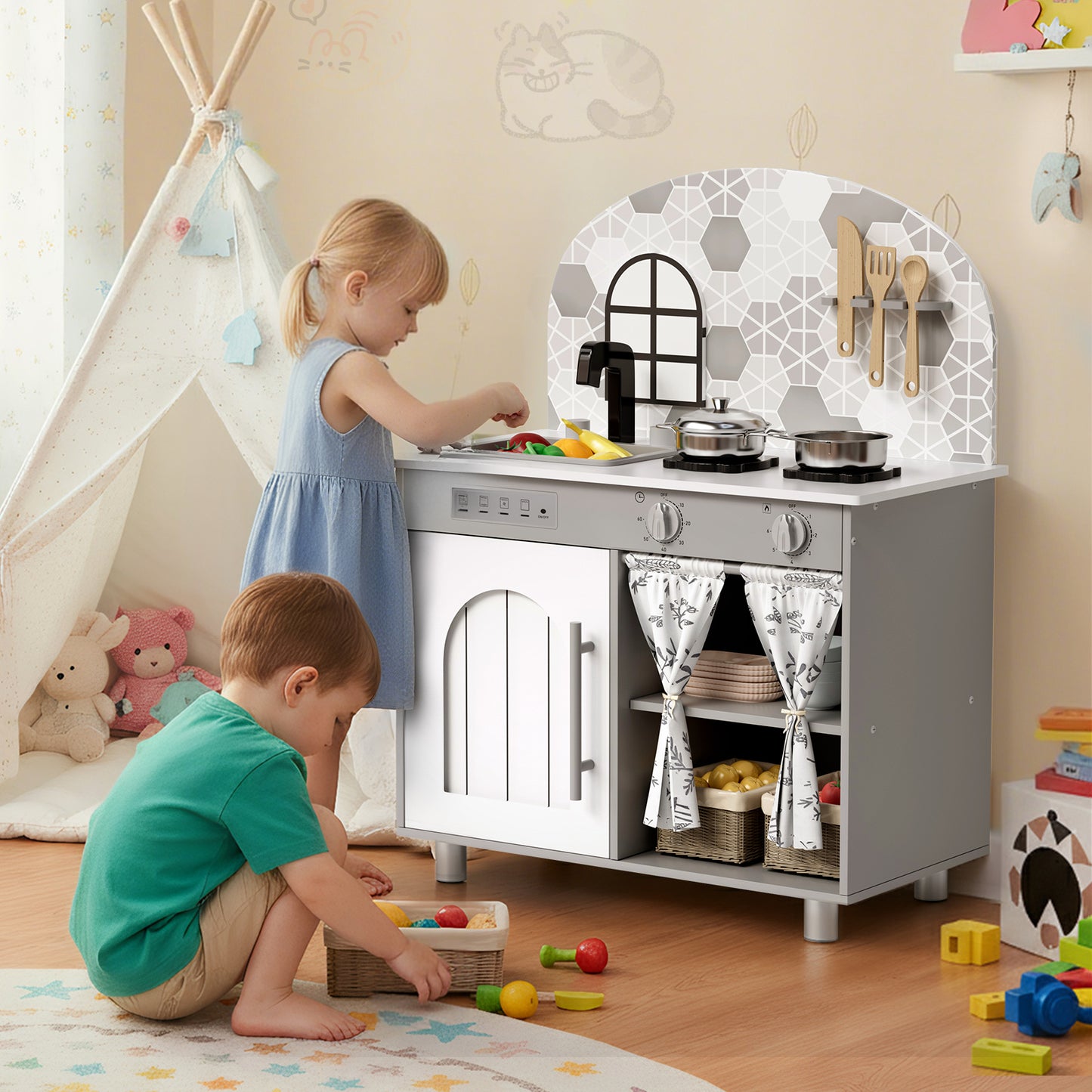 LAZY BUDDY Kids Kitchen Playset, Wooden Pretend Play Kitchen Toddler Interactive Toy with 5 Accessories
