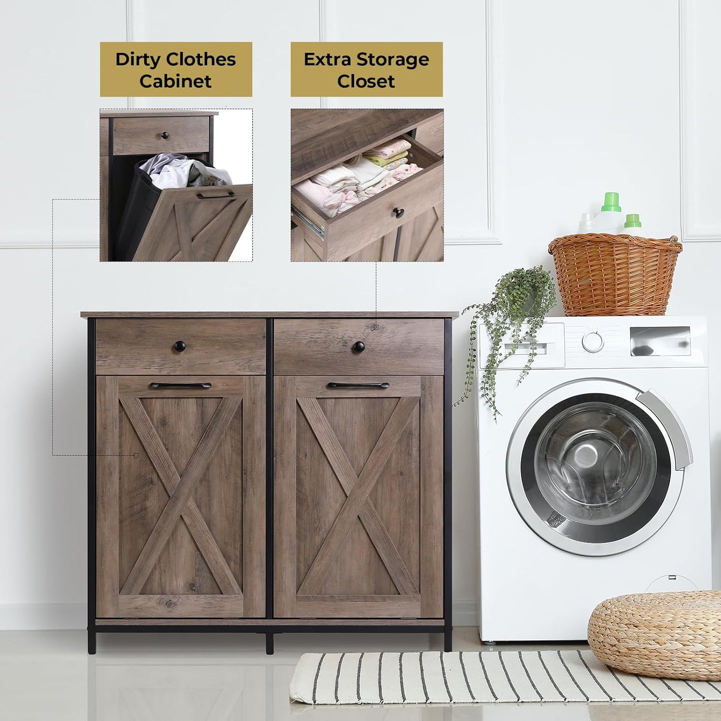 LAZY BUDDY Double Tilt Out Trash Cabinet, 20 Gallon Storage Cabinet with Hideaway Drawer, Free Standing Laundry Hamper Kitchen Trash Can Holder, Gray