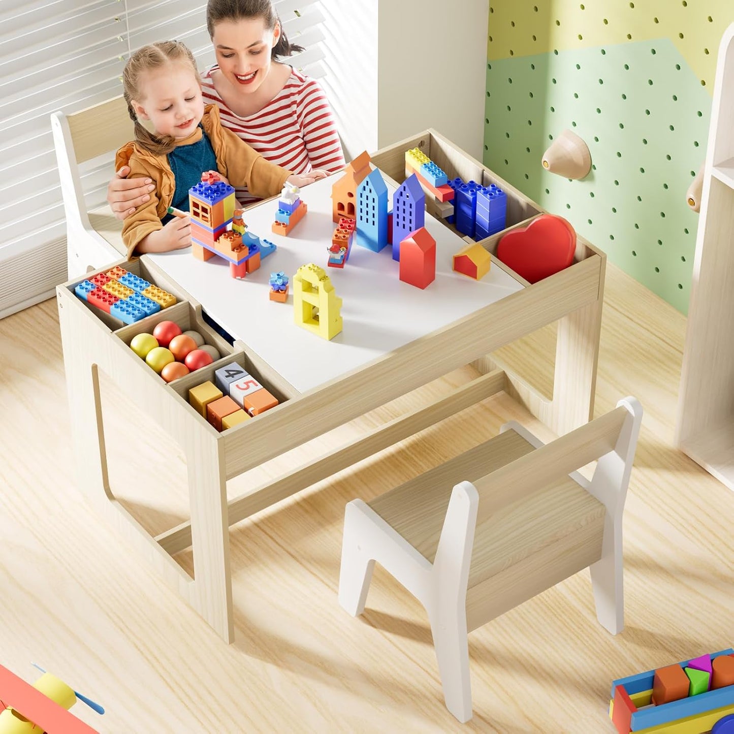 LAZY BUDDY Kids Table & Chair Set, 3 in 1 Children Wood Activity Table W/ Storage Detachable Tabletop for Children Drawing Reading Art Craft, Playroom, Nursery, Toddler Table and Chair Set