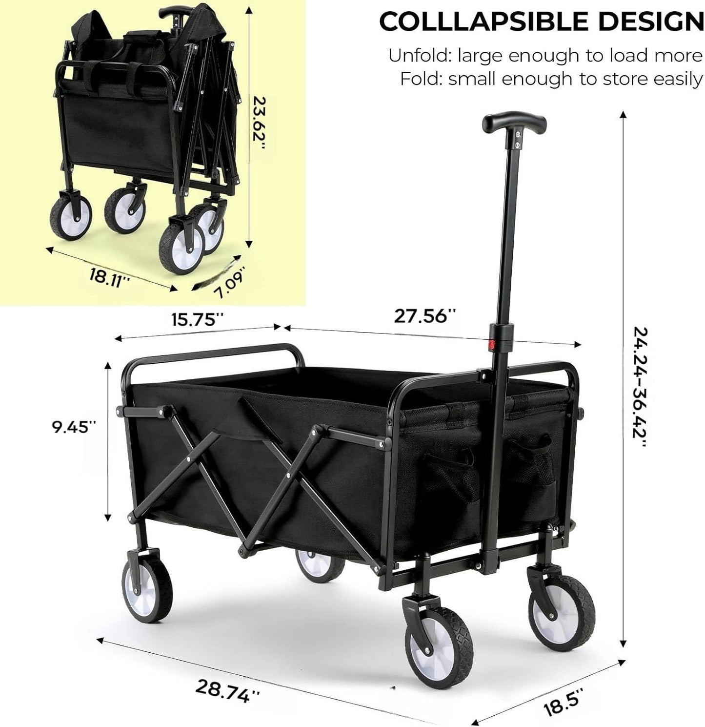 LAZY BUDDY Collapsible Folding Wagon 150 lbs Max Load, Heavy-Duty Portable Utility Shopping Cart, Lightweight Foldable Grocery Stroller, with 360° Wheels, Carry Bag, for Camping, Beach, Garden, Sports