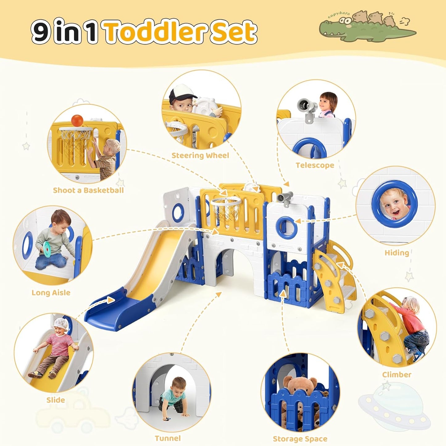 LAZY BUDDY Freestanding Toddler Slide, Kids Slide Climber Playset, Plastic Baby Slide with Basketball Hoop, Telescope, Tunnel, Storage Space, Anti-Slip Steps, Indoor Outdoor Playground for Ages 3+