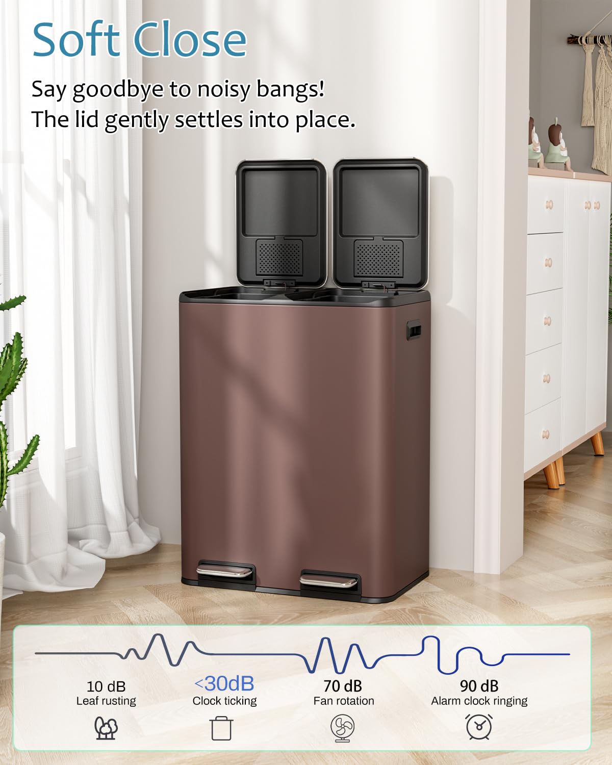 LAZY BUDDY 16 Gal Dual Kitchen Trash Can 2 x 30L Rectangular Stainless Steel Garbage Bin Recycle Waste Dustbin W/ 2 Built-in Odor Control Box