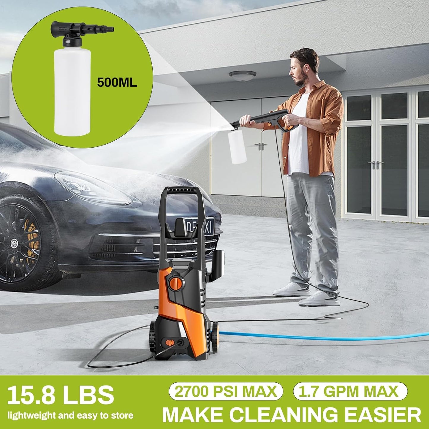LAZY BUDDY Electric Pressure Washer, 2700 PSI 1.7 GPM Power Washer with 4 Quick Connect Nozzles, High Pressure Cleaning Machine with Foam Cannon for Cars, Fences, Patios