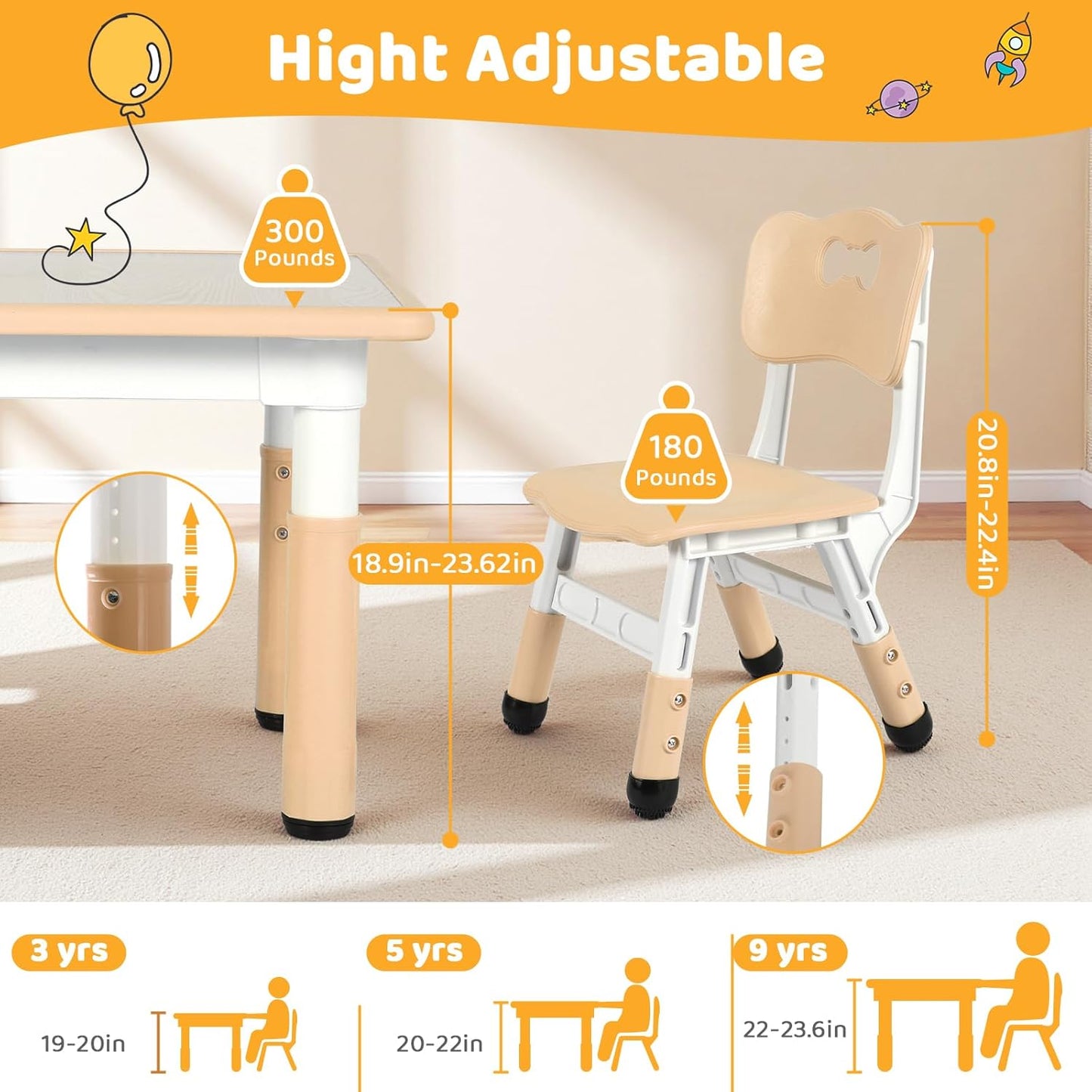 LAZY BUDDY Kids Table and 2 Chairs Set, Height Adjustable Toddler Play Activity Table with Graffiti Desktop for Playroom, Daycare