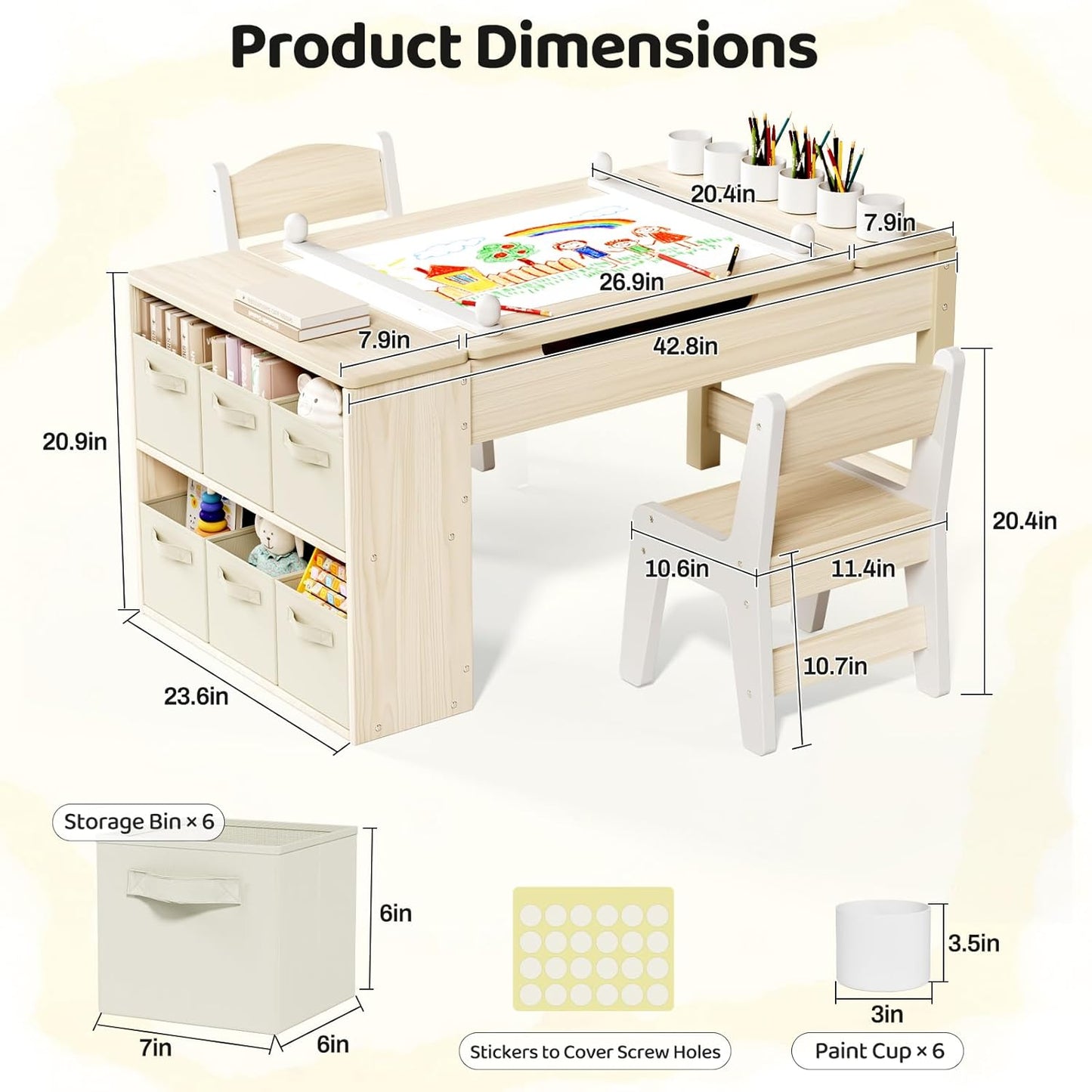 LAZY BUDDY Kids Art Table and Chairs Set, 2-in-1 Easel & Kids Craft Table and Chairs with Storage Bins, Paint Cups and Paper Roll