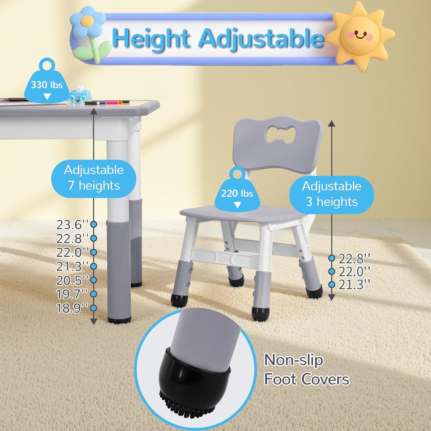 LAZY BUDDY Kids Table and 2 Chairs Set, Height Adjustable Toddler Play Activity Table Set for Children 3-8 Years