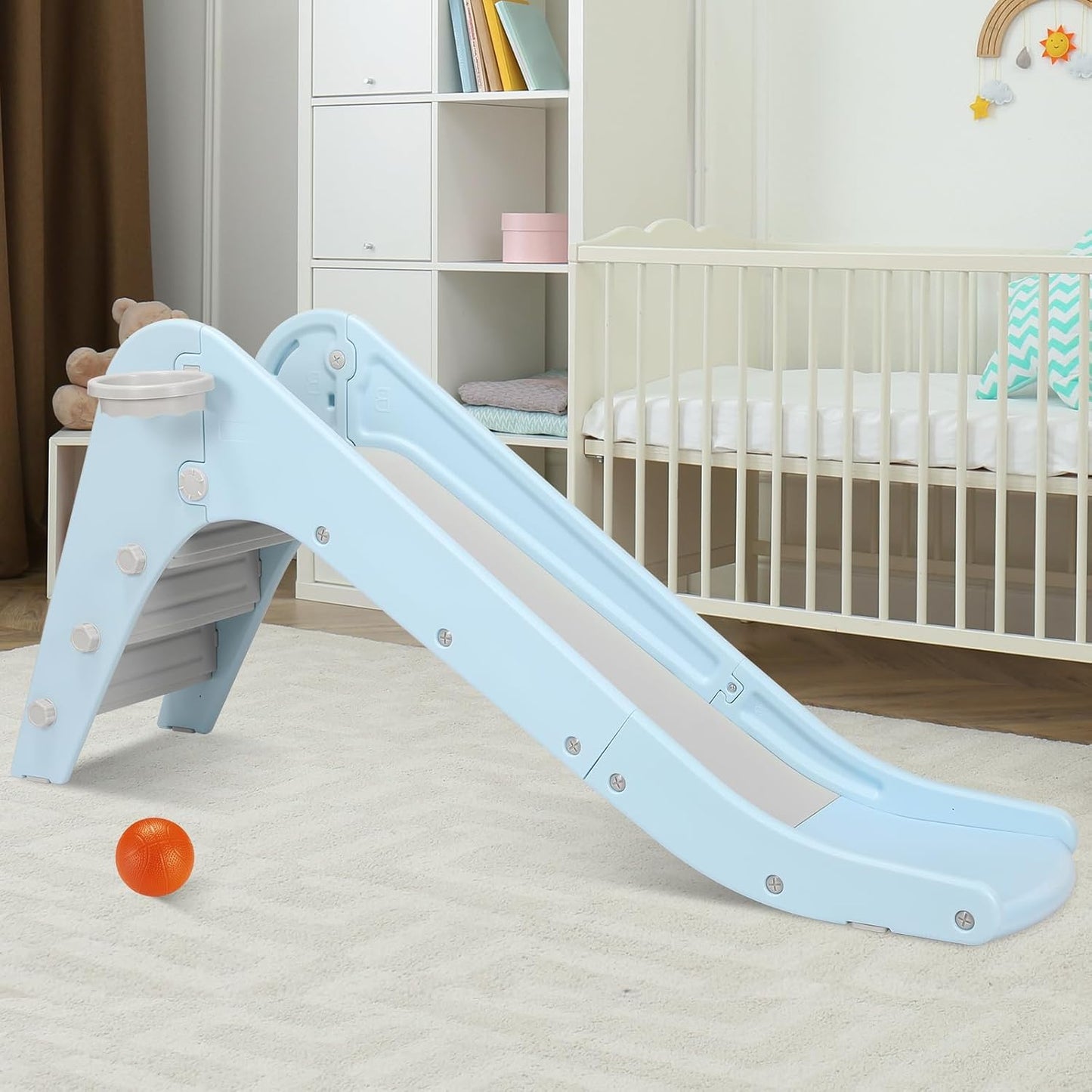 LAZY BUDDY Freestanding Toddler Slide, Kids Slide Climber with Basketball Hoop & Ball, Ring Game, Enclosed Anti-Slip Stairs
