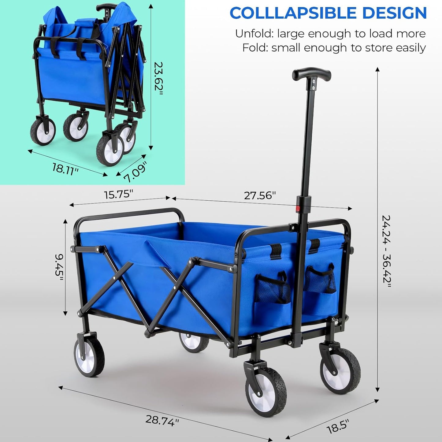 LAZY BUDDY Collapsible Folding Wagon 150 lbs Max Load, Heavy-Duty Portable Utility Shopping Cart, Lightweight Foldable Grocery Stroller, with 360° Wheels, Carry Bag, for Camping, Beach, Garden, Sports