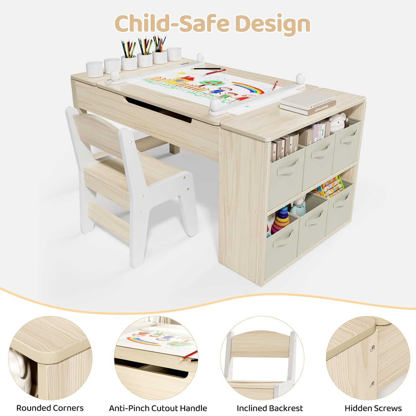 LAZY BUDDY Kids Art Table and Chairs Set, 2-in-1 Easel & Kids Craft Table and Chairs with Storage Bins, Paint Cups and Paper Roll
