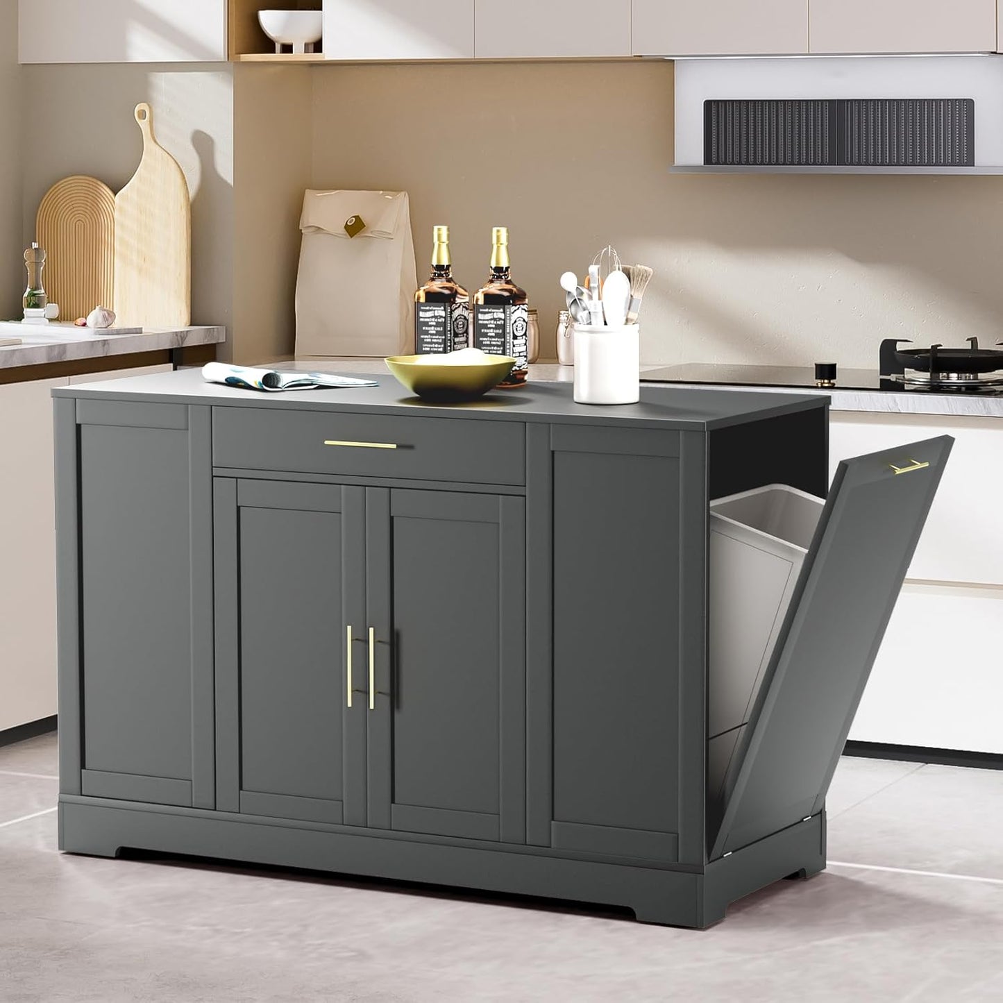 LAZY BUDDY 53" Large Kitchen Island w/ Trash Can Storage Cabinet, Wooden Stationary Storage Pantry for 13 Gallon Garbage Bin with Drawer, Adjustable Double Door Cabinet, 3 Layer Open Side Racks