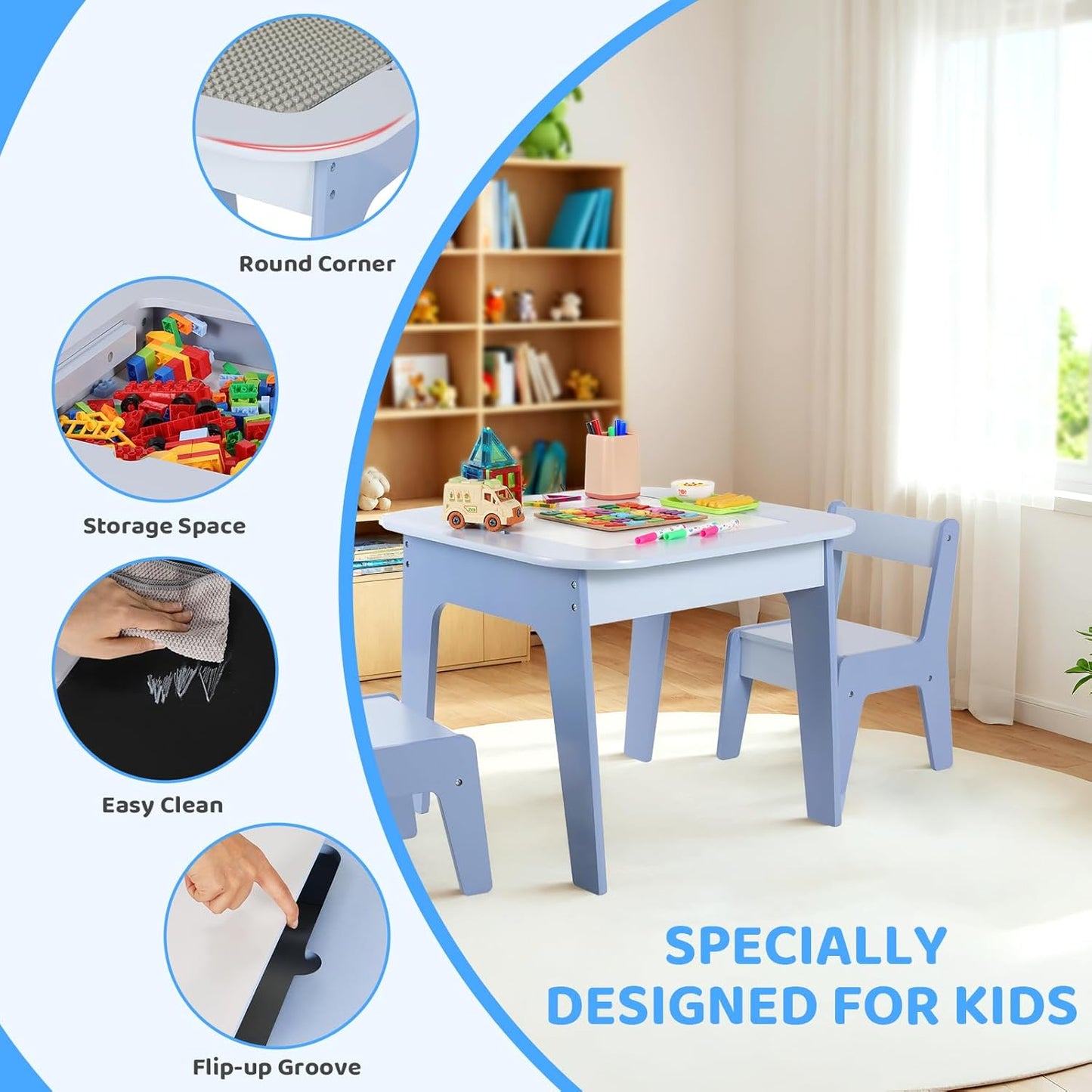 LAZY BUDDY Wooden Kids Table and 2 Chairs Set with Storage, Toddler Activity Table with 2 Removable Double-Sided Tabletops for Drawing, Arts Crafts Playing