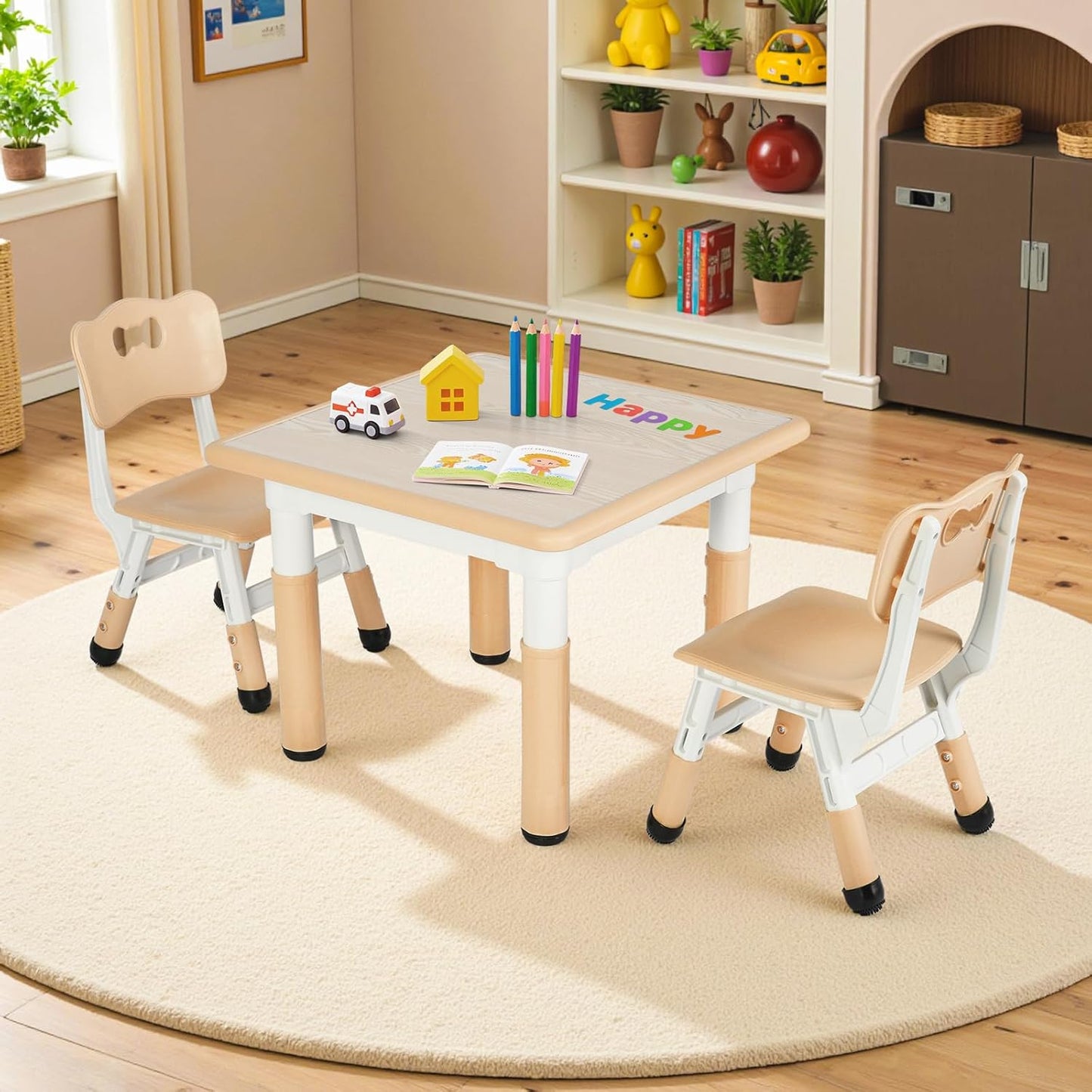 LAZY BUDDY Kids Table and 2 Chairs Set, Height Adjustable Toddler Play Activity Table with Graffiti Desktop for Playroom, Daycare