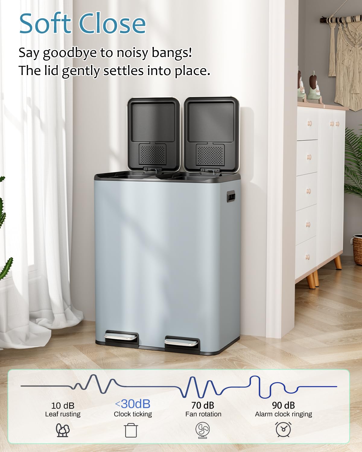 LAZY BUDDY 16 Gal Dual Kitchen Trash Can 2 x 30L Rectangular Stainless Steel Garbage Bin Recycle Waste Dustbin W/ 2 Built-in Odor Control Box