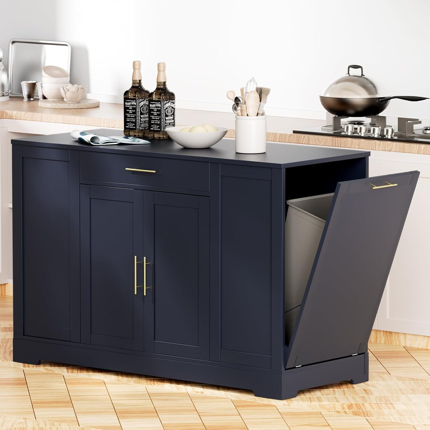 LAZY BUDDY 53" Large Kitchen Island w/ Trash Can Storage Cabinet, Wooden Stationary Storage Pantry for 13 Gallon Garbage Bin with Drawer, Adjustable Double Door Cabinet, 3 Layer Open Side Racks