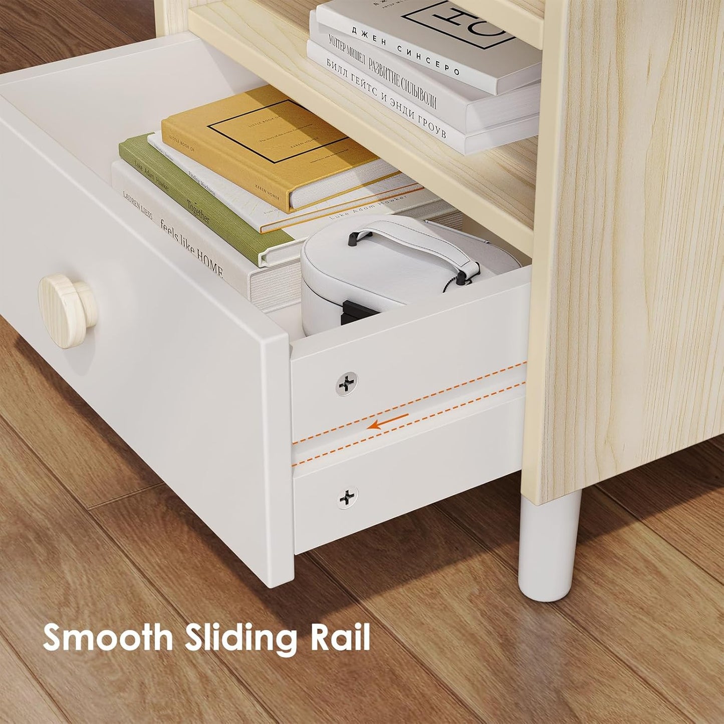LAZY BUDDY Nightstand with Drawer, Wooden Side Table with Open Shelf, Sturdy Legs, Round Edge, Kid Bedside End for Bedroom Furniture Dorm Small Spaces