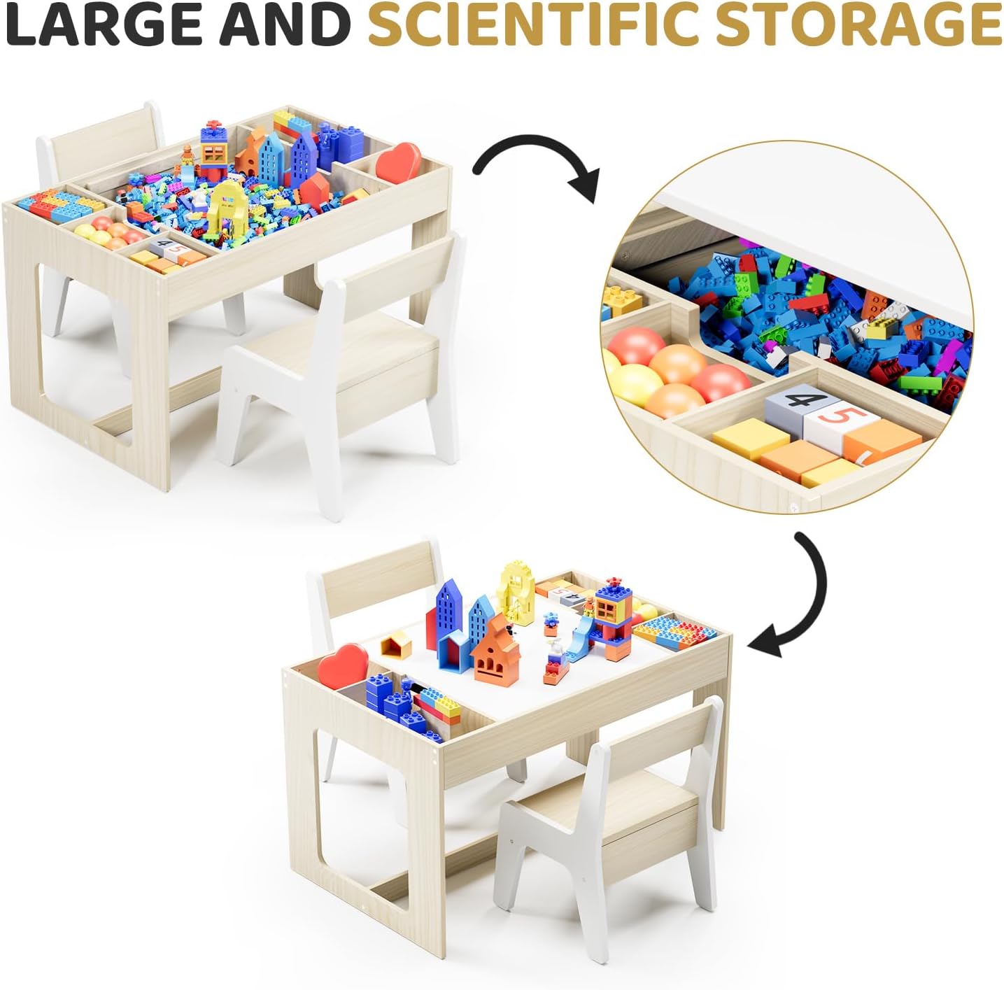 LAZY BUDDY Kids Table & Chair Set, 3 in 1 Children Wood Activity Table W/ Storage Detachable Tabletop for Children Drawing Reading Art Craft, Playroom, Nursery, Toddler Table and Chair Set