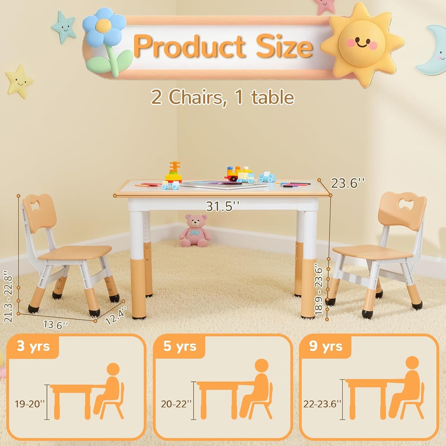 LAZY BUDDY Kids Table and 2 Chairs Set, Height Adjustable Toddler Play Activity Table Set for Children 3-8 Years