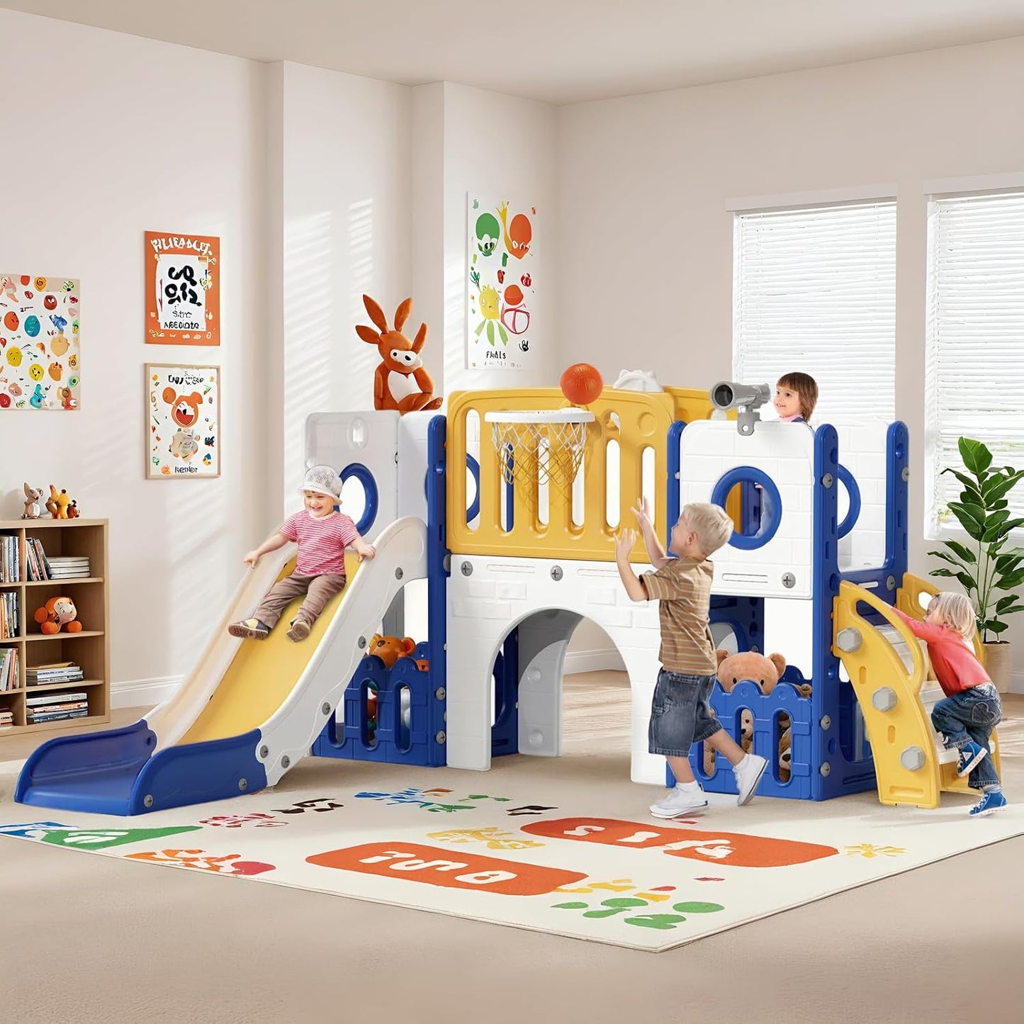LAZY BUDDY Freestanding Toddler Slide, Kids Slide Climber Playset, Plastic Baby Slide with Basketball Hoop, Telescope, Tunnel, Storage Space, Anti-Slip Steps, Indoor Outdoor Playground for Ages 3+