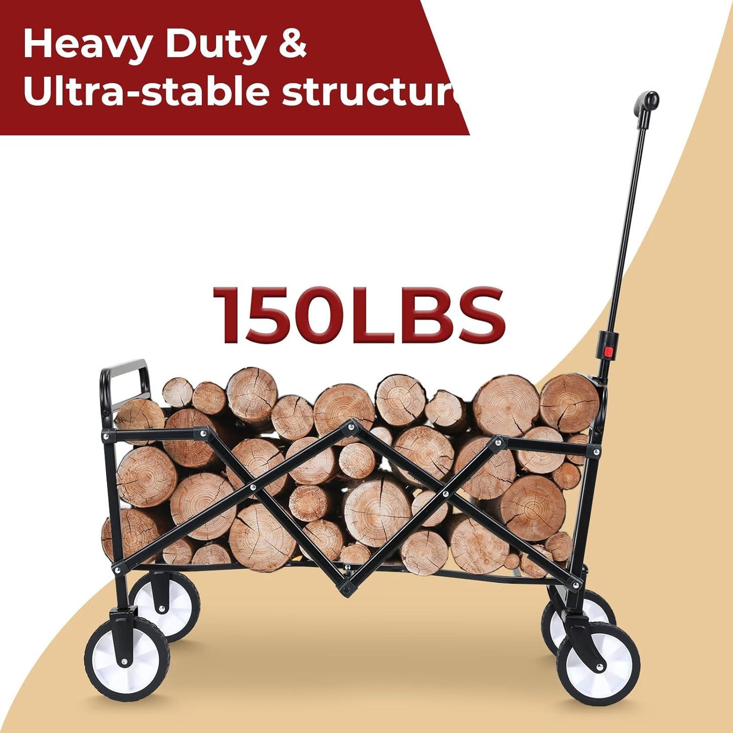 LAZY BUDDY Collapsible Folding Wagon 150 lbs Max Load, Heavy-Duty Portable Utility Shopping Cart, Lightweight Foldable Grocery Stroller, with 360° Wheels, Carry Bag, for Camping, Beach, Garden, Sports