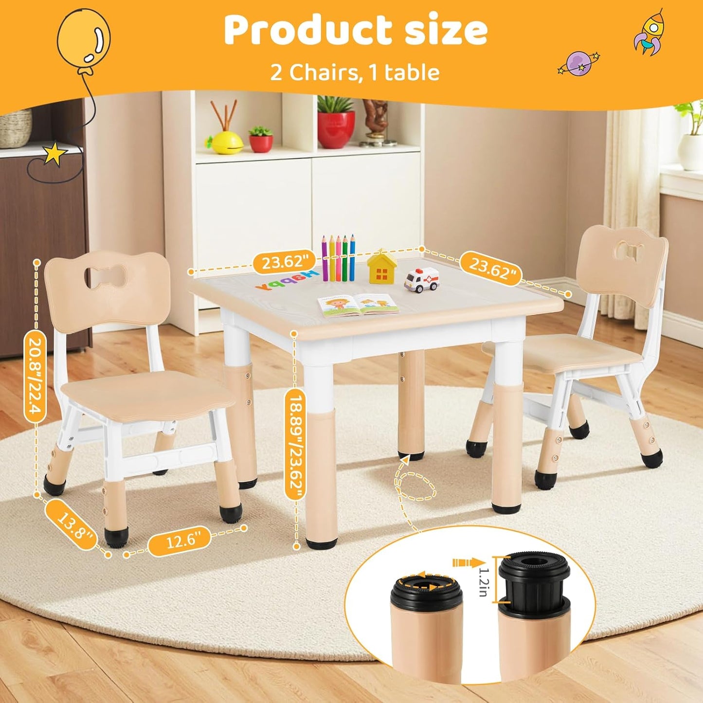LAZY BUDDY Kids Table and 2 Chairs Set, Height Adjustable Toddler Play Activity Table with Graffiti Desktop for Playroom, Daycare