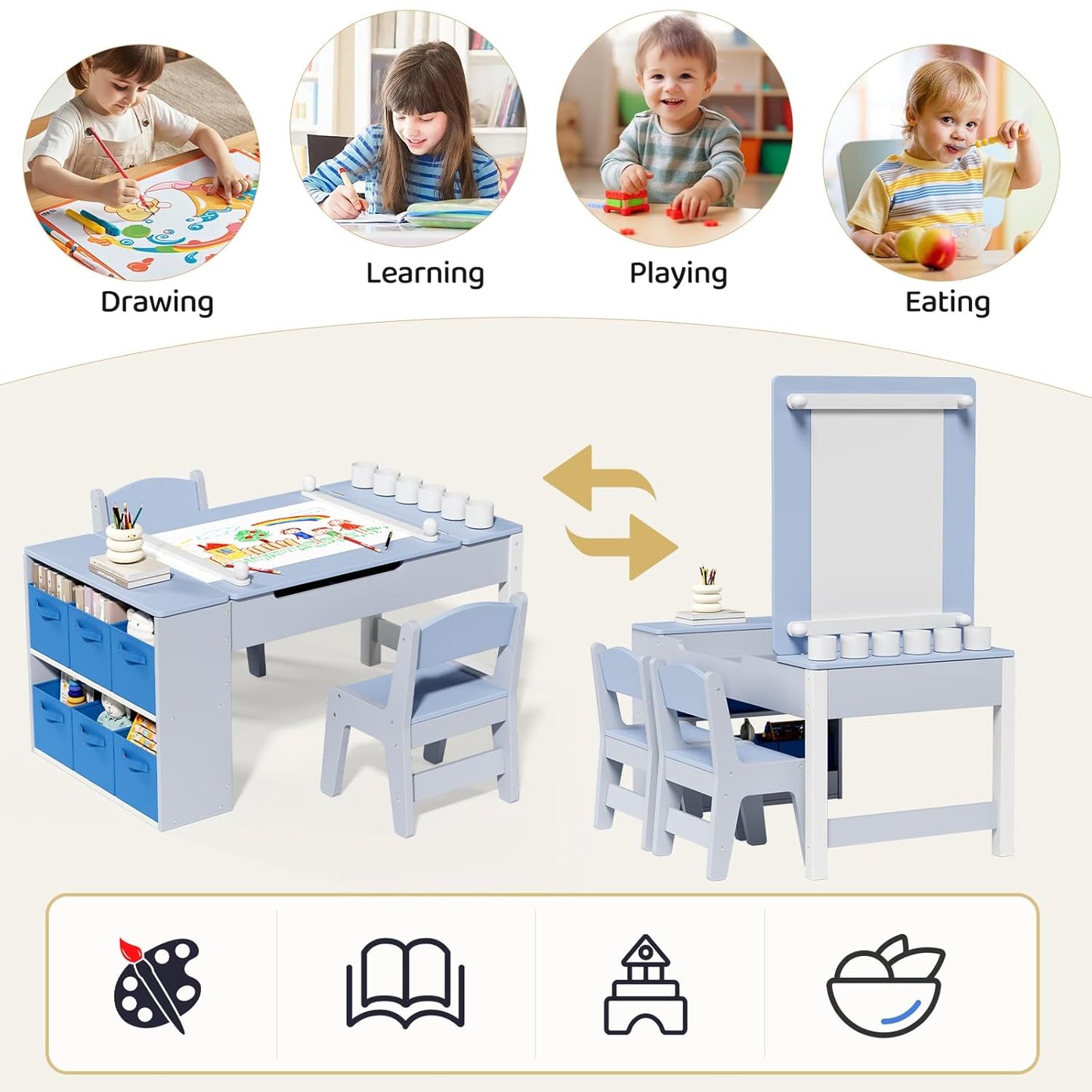 LAZY BUDDY Kids Art Table and Chairs Set, 2-in-1 Easel & Kids Craft Table and Chairs with Storage Bins, Paint Cups and Paper Roll