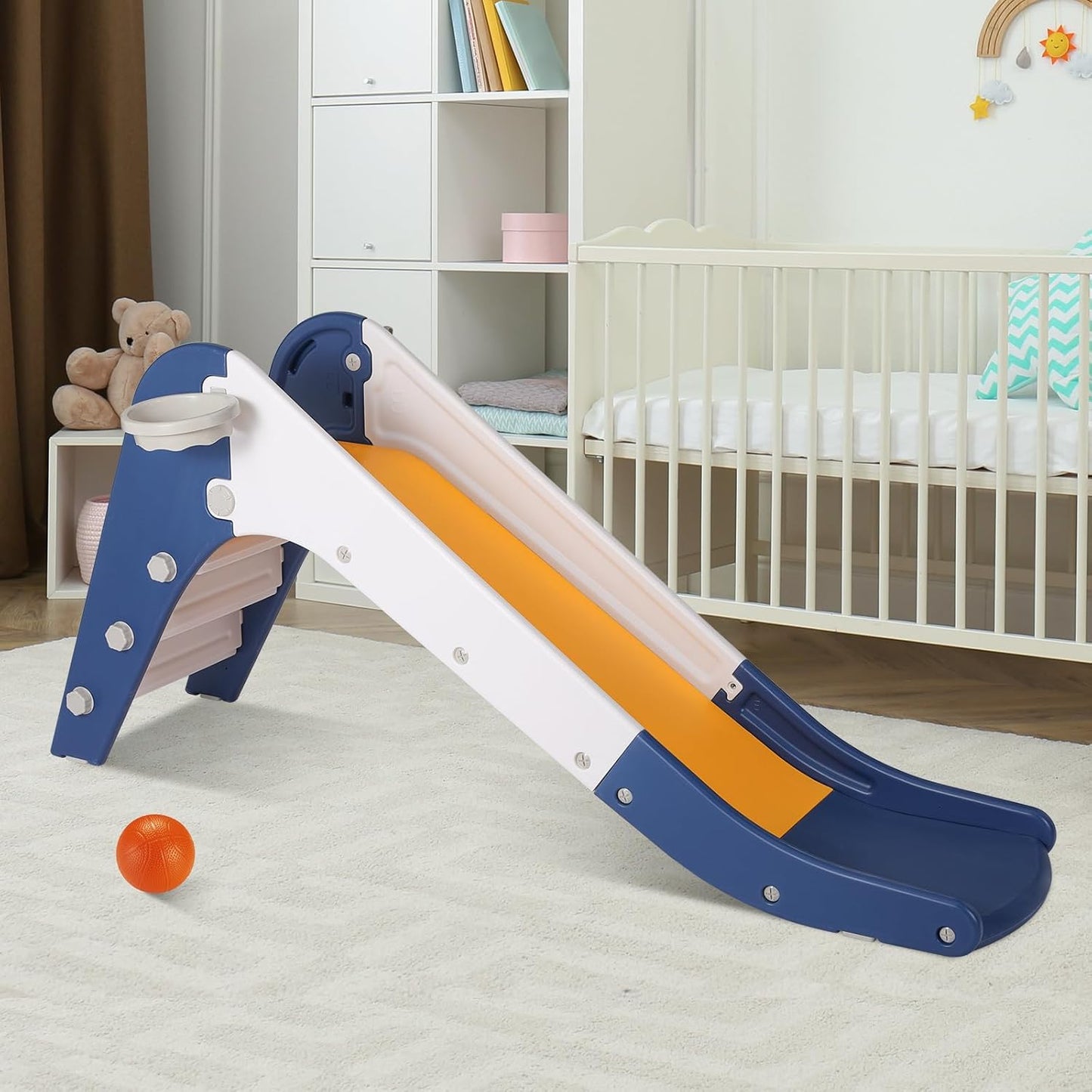 LAZY BUDDY Freestanding Toddler Slide, Kids Slide Climber with Basketball Hoop & Ball, Ring Game, Enclosed Anti-Slip Stairs