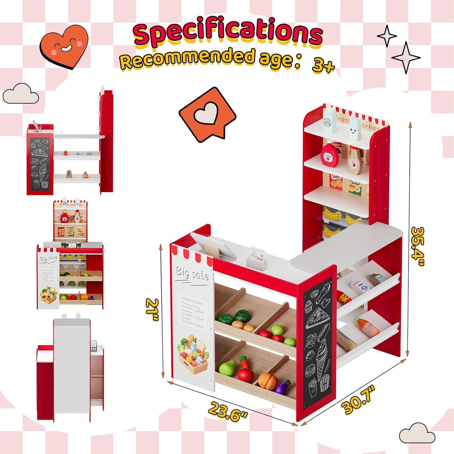 LAZY BUDDY Kids Grocery Store Playset, Wooden Pretend Play Store with 19pcs Accessories, Cash Register, Chalkboard, Interactive Toy for Toddlers 3+