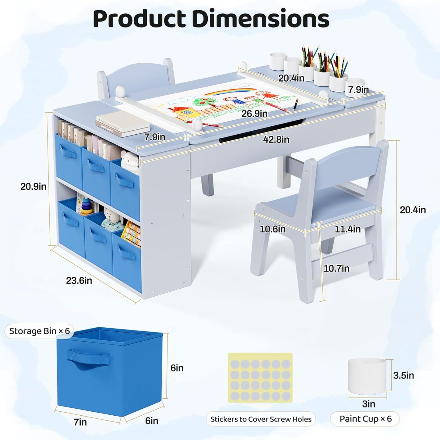 LAZY BUDDY Kids Art Table and Chairs Set, 2-in-1 Easel & Kids Craft Table and Chairs with Storage Bins, Paint Cups and Paper Roll