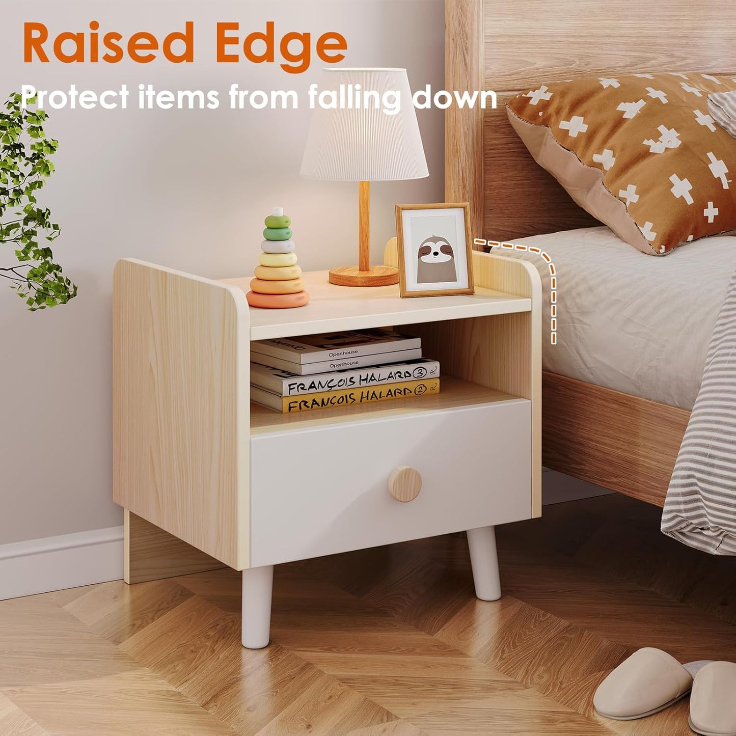 LAZY BUDDY Nightstand with Drawer, Wooden Side Table with Open Shelf, Sturdy Legs, Round Edge, Kid Bedside End for Bedroom Furniture Dorm Small Spaces