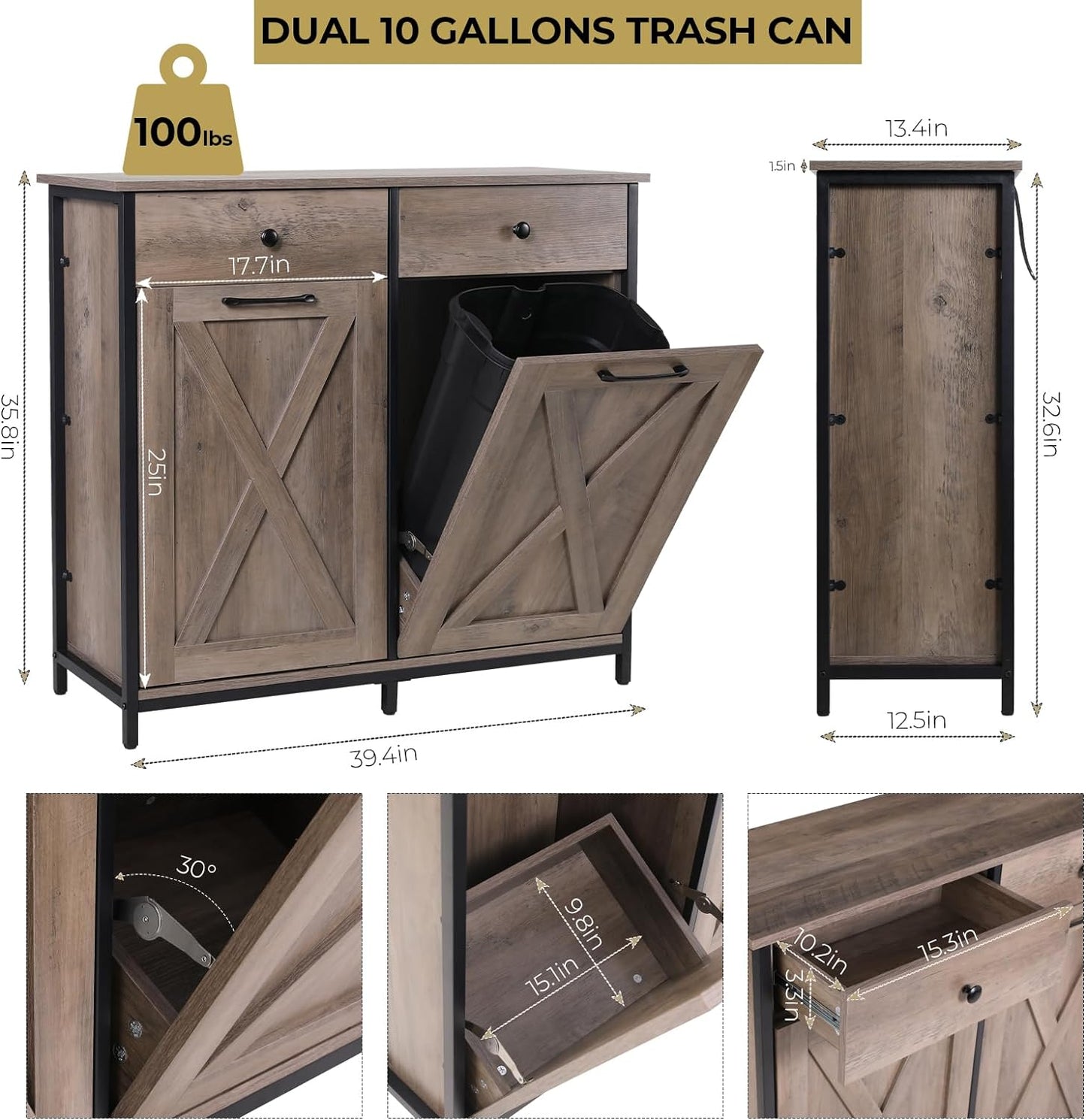 LAZY BUDDY Double Tilt Out Trash Cabinet, 20 Gallon Storage Cabinet with Hideaway Drawer, Free Standing Laundry Hamper Kitchen Trash Can Holder, Gray