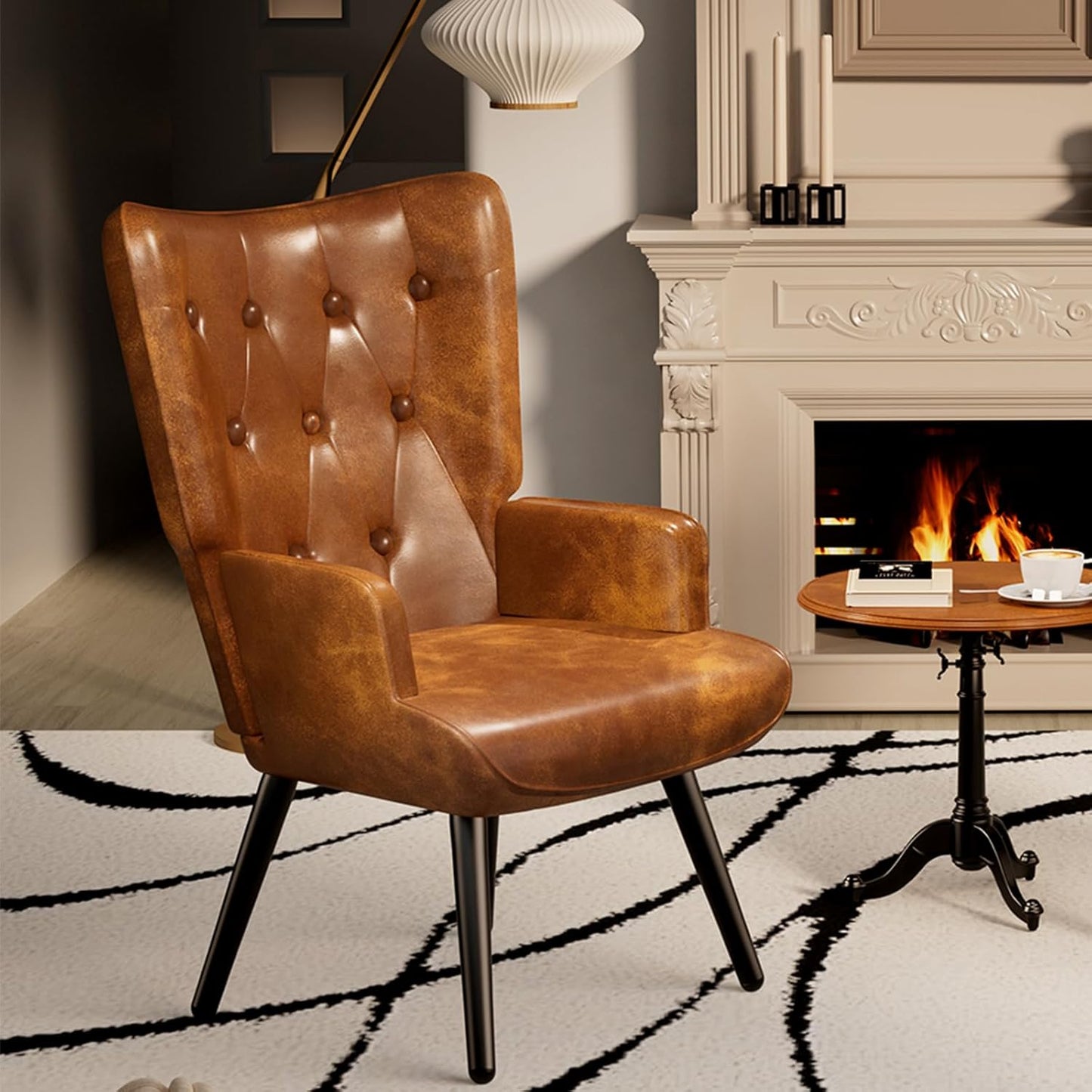 LAZY BUDDY PU Leather Accent Chair, Comfy Wingback Armchair, Upholstered Reading Chair with High Backrest for Living Room, Bedroom, Office