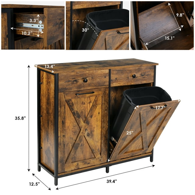 LAZY BUDDY Double Tilt Out Trash Cabinet, Wooden 20 Gallon Kitchen Garbage Can Holder Free Standing