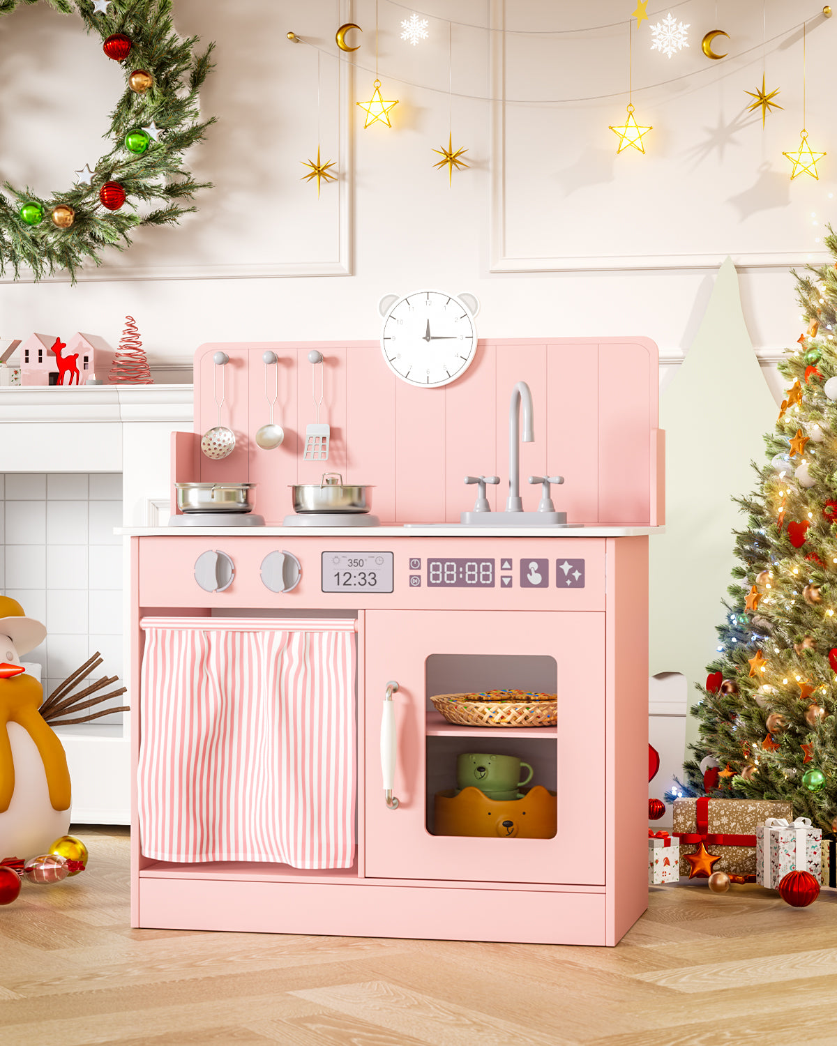 LAZY BUDDY Kids Play Kitchen, Wooden Kitchen Playset for Toddlers Interactive Pretend Play Toy with Clicking Knobs, Sink & Clock