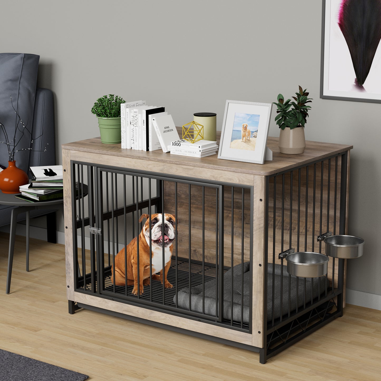 LAZY BUDDY Dog Crate, Wooden End Table Dog House with Bowls and Pull-Out Tray, Greige