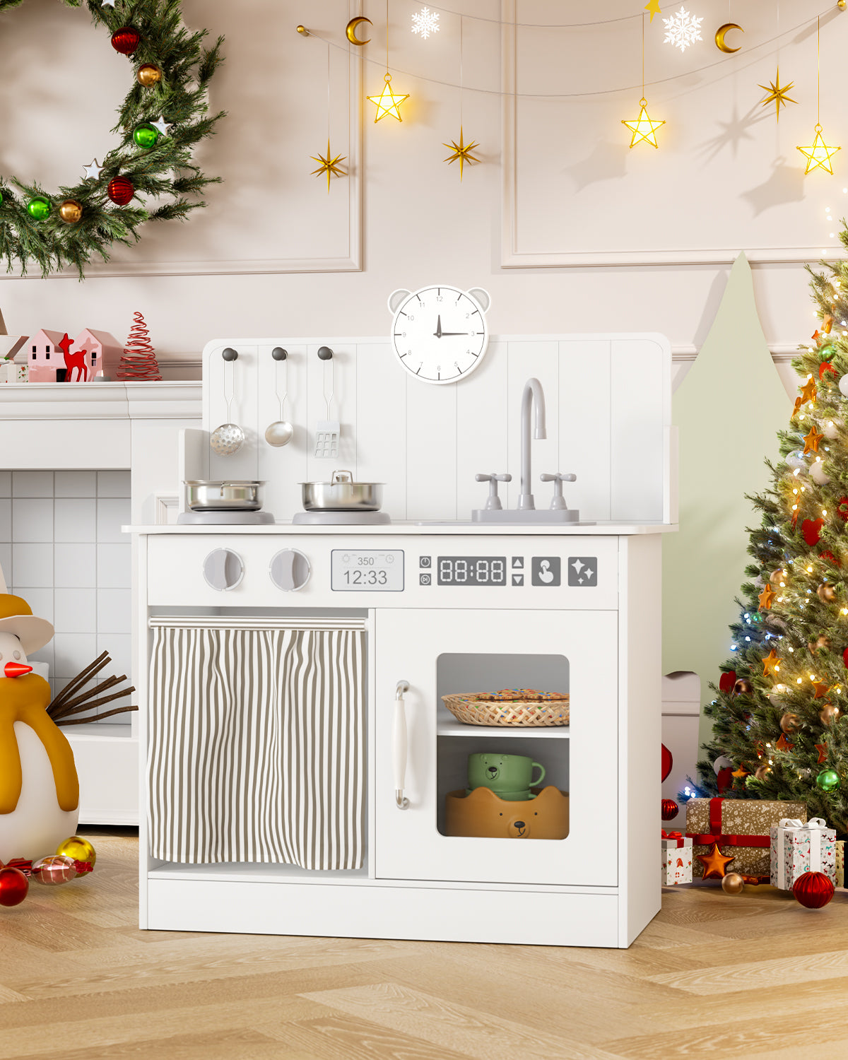 LAZY BUDDY Kids Play Kitchen, Wooden Kitchen Playset for Toddlers Interactive Pretend Play Toy with Clicking Knobs, Sink & Clock