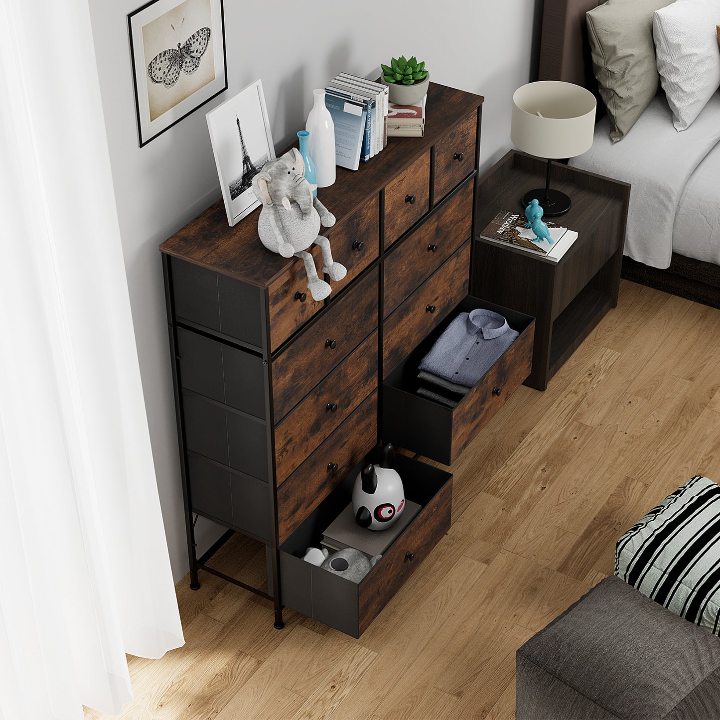 LAZY BUDDY Drawer Dresser, Fabric Storage Tower, 6-layer Tall Chest Organizer Unit, Rustic Brown