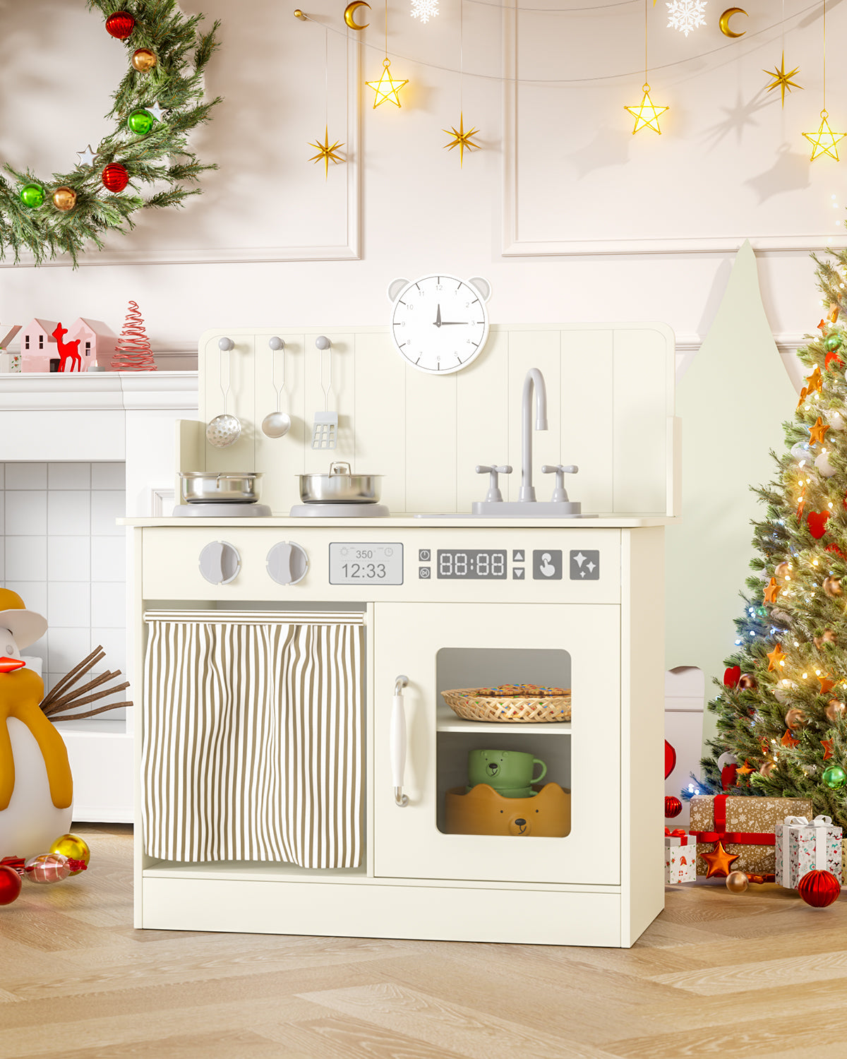 LAZY BUDDY Kids Play Kitchen, Wooden Kitchen Playset for Toddlers Interactive Pretend Play Toy with Clicking Knobs, Sink & Clock