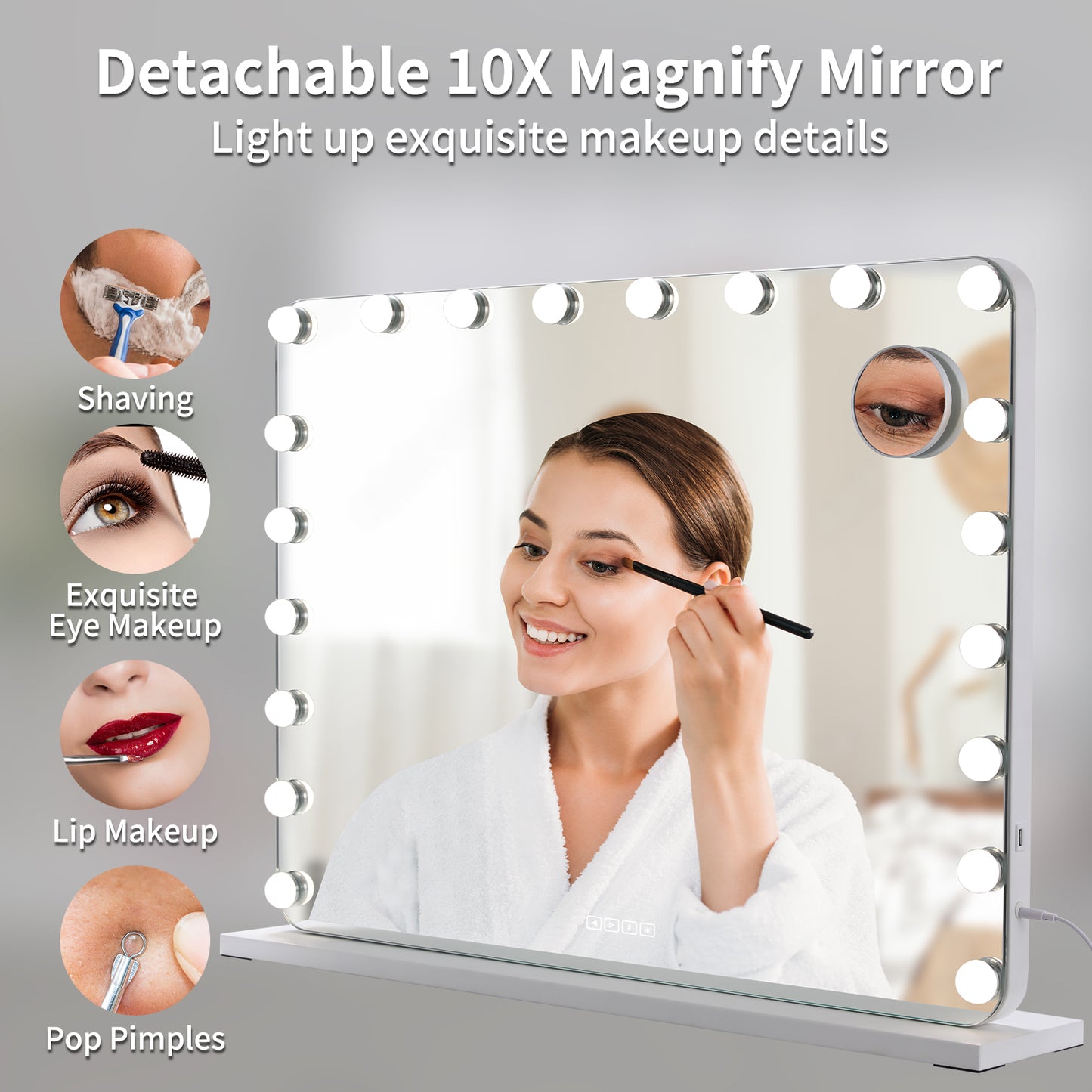 LAZY BUDDY Hollywood Vanity Makeup Mirror with 3 Color Lights, USB Charging, Tabletop or Wall-Mounted