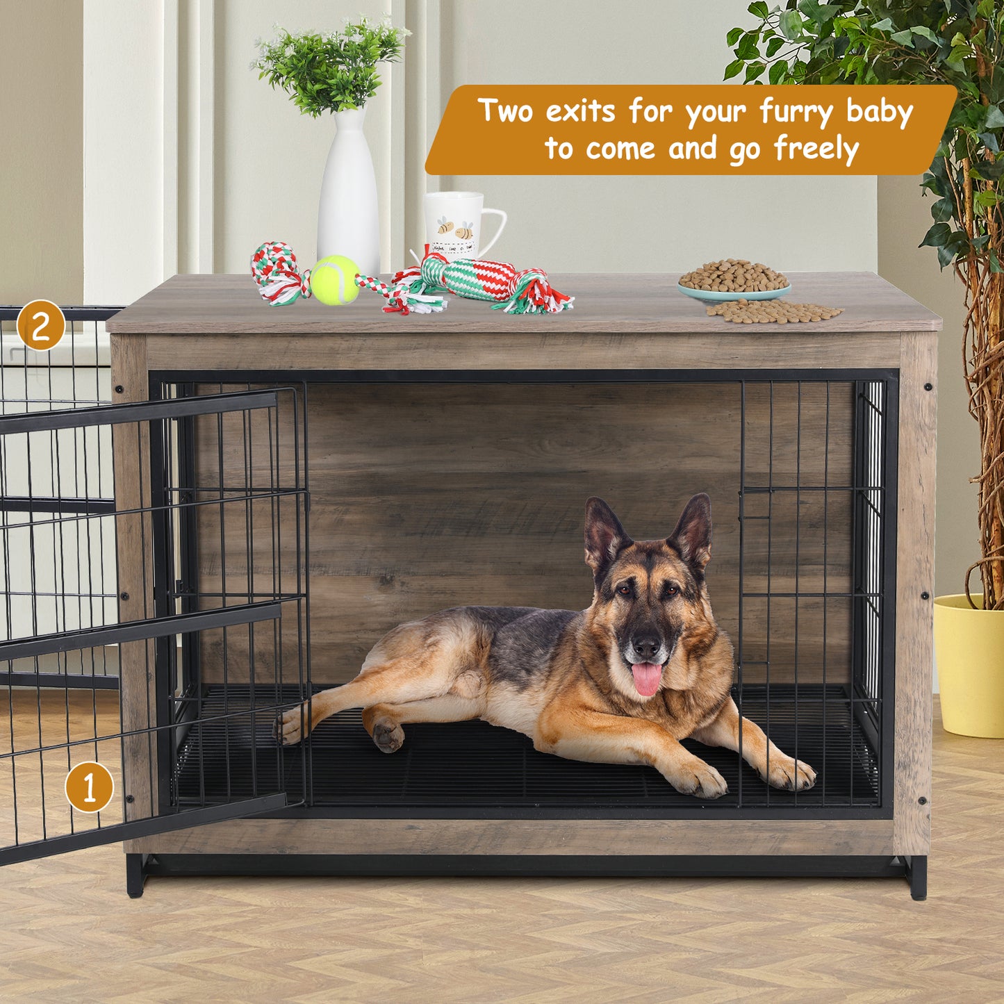 LAZY BUDDY Dog Crate Furniture, 44.1" Wooden Dog Kennel, Double Doors Modern Side End Table for Medium/Large/Small Dog, Griege