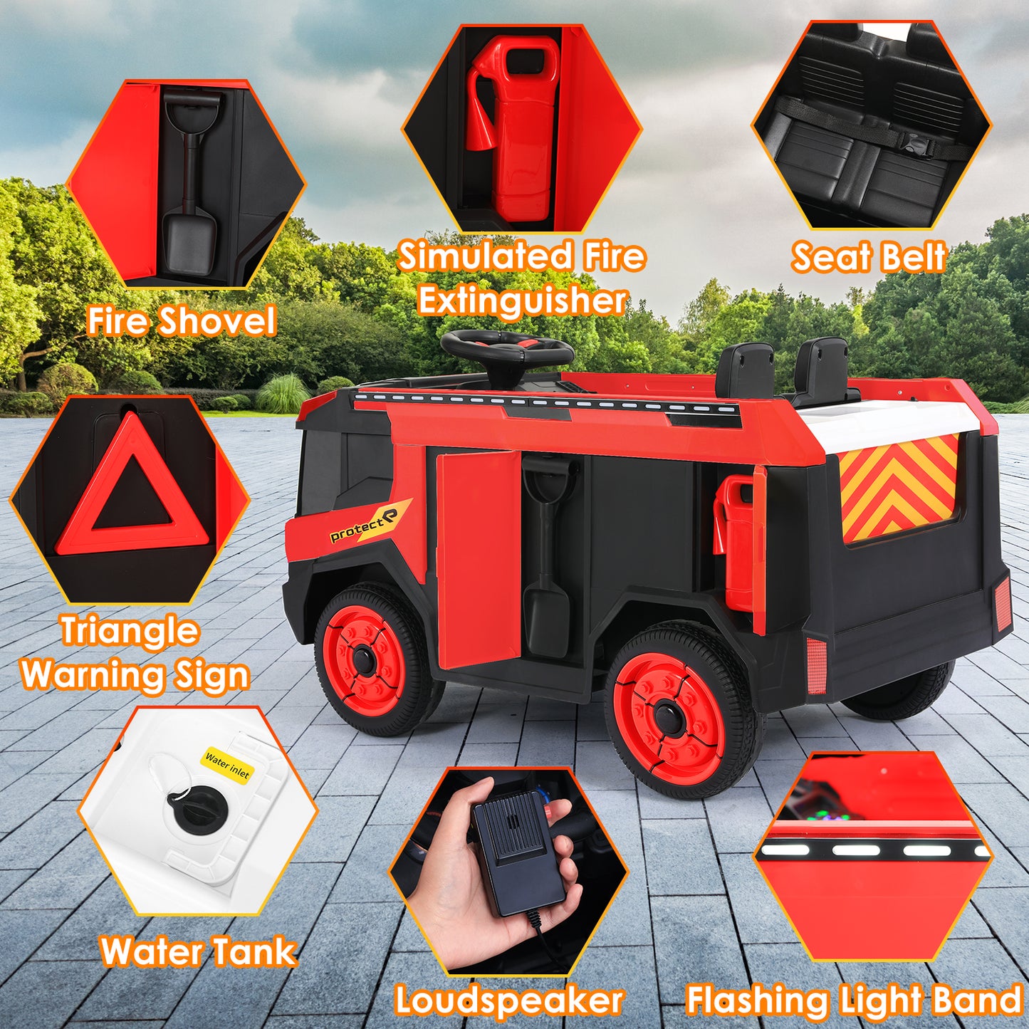 Lazy Buddy Kids Ride On Car 12V Electric Powered Red Fire Truck Toy w/ Remote Control, LED Lights, Siren for Toddler 3+