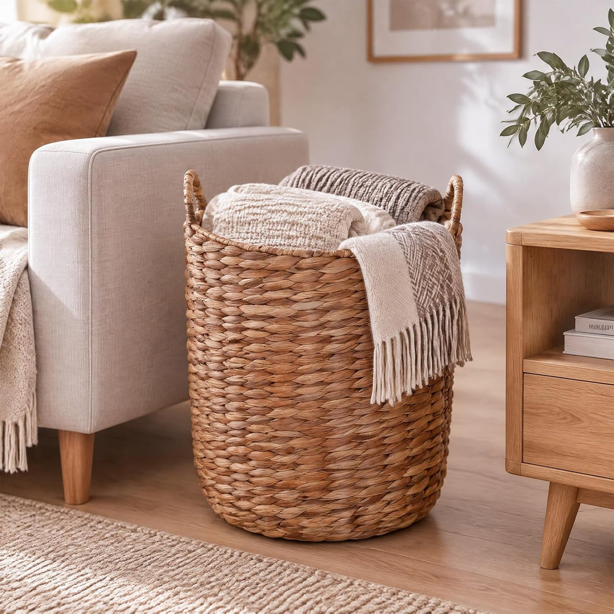 LAZY BUDDY 2-Piece Round Nesting Storage Baskets with Handles, Handwoven Water Hyacinth Laundry Basket, Storage Organizer for Bedroom, Living Room, Bathroom