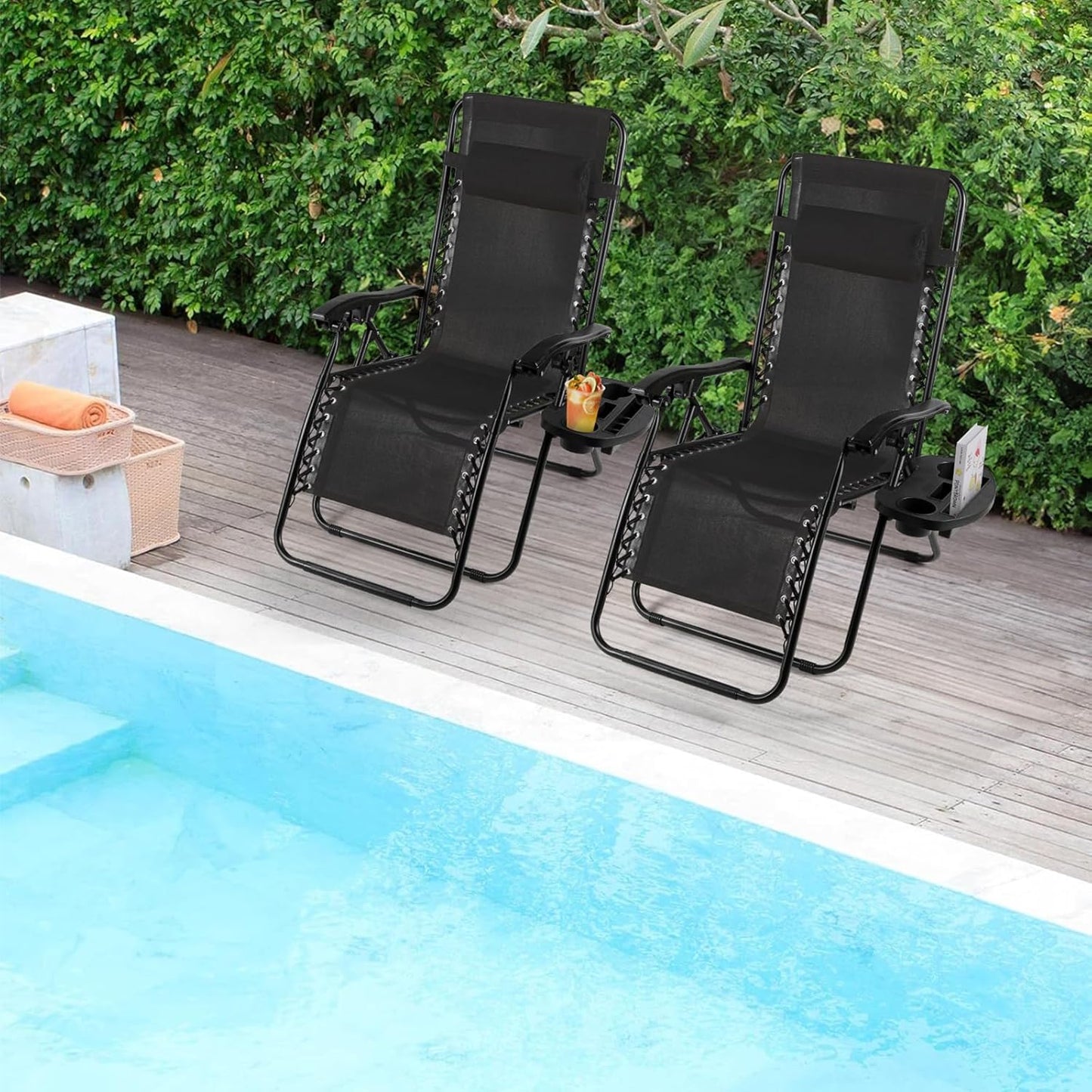 LAZY BUDDY Zero Gravity Chair Set of 2, Outdoor Folding Lounge with Detachable Headrest & Holder Tray, Adjustable Textilene Lawn Reclining, No Assembly Required, for Patio, Backyard, Garden, 330LBS
