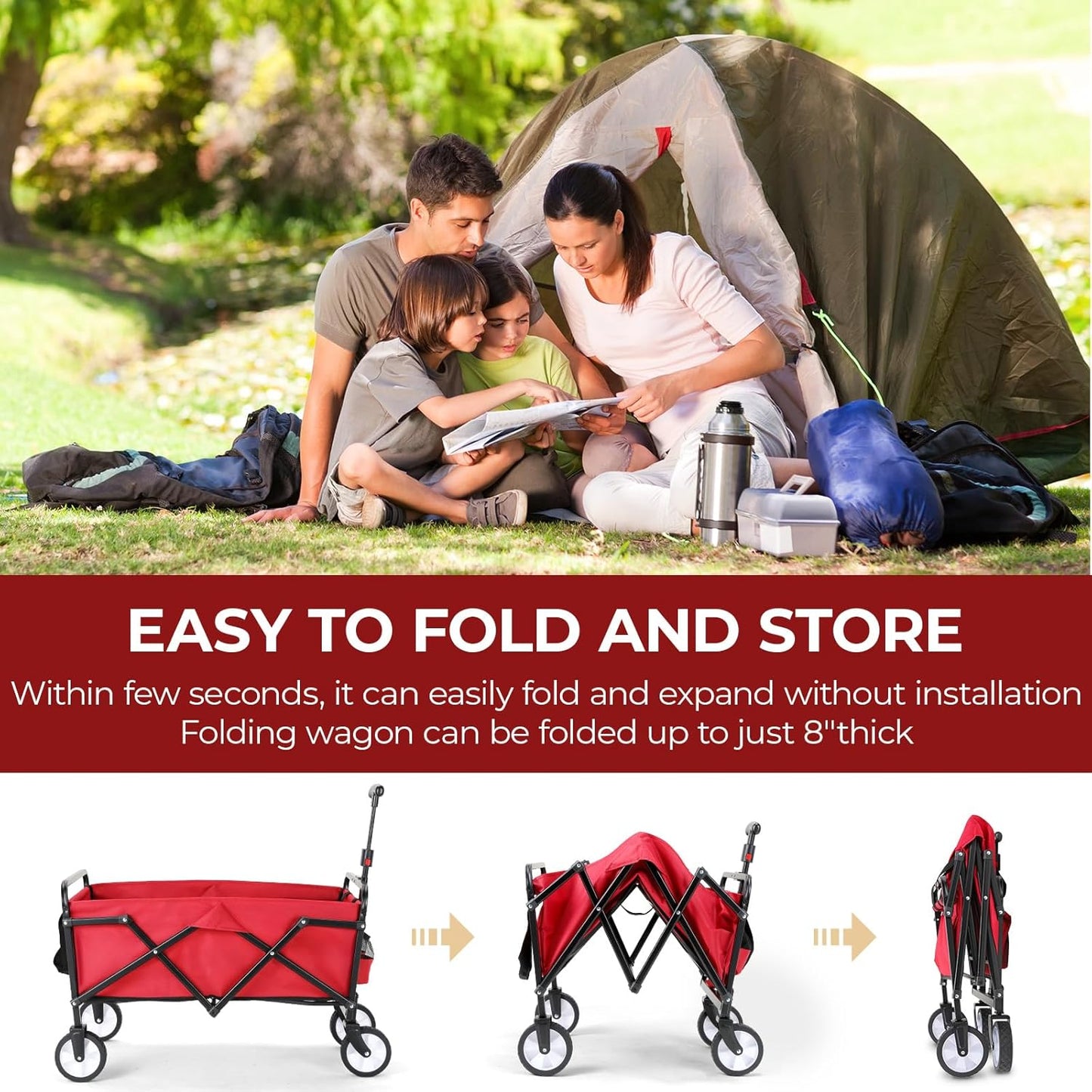 LAZY BUDDY Collapsible Folding Wagon 150 lbs Max Load, Heavy-Duty Portable Utility Shopping Cart, Lightweight Foldable Grocery Stroller, with 360° Wheels, Carry Bag, for Camping, Beach, Garden, Sports