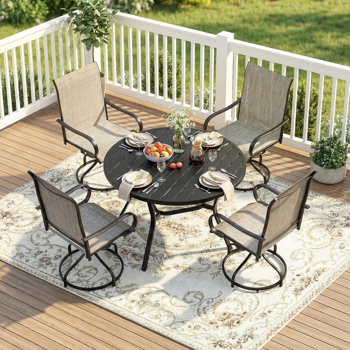 LAZY BUDDY Outdoor Dining Table for 4-6, E-Coating Metal Patio Dining Table with Umbrella Hole, All-Weather Table for Picnic, Garden, Backyard, Poolside