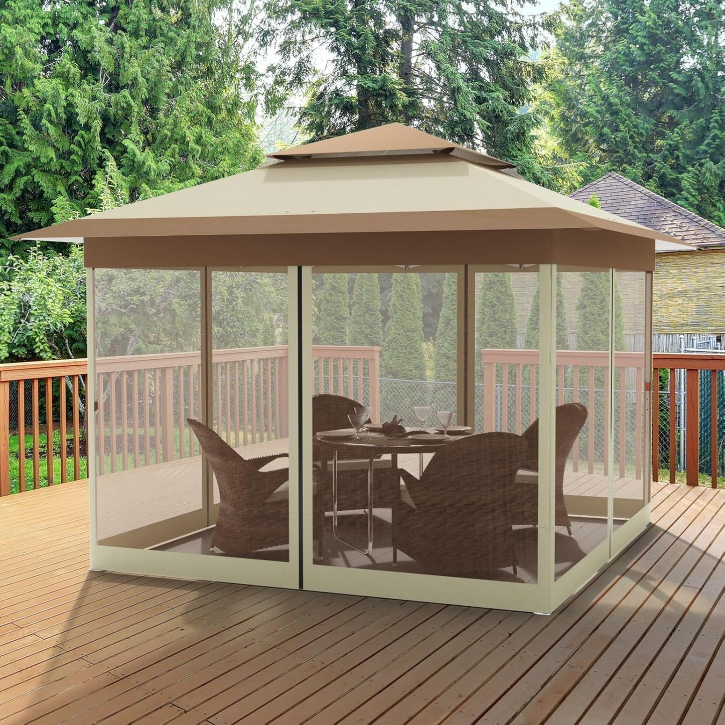 LAZY BUDDY 13ft Pop Up Gazebo, Outdoor Instant Canopy Tent w/4 Netting Sidewall & Auto Extending Eave, Patio Gazebos Shelter w/Mesh Wall, Center Lock, Wheeled Bag for Garden, Yard