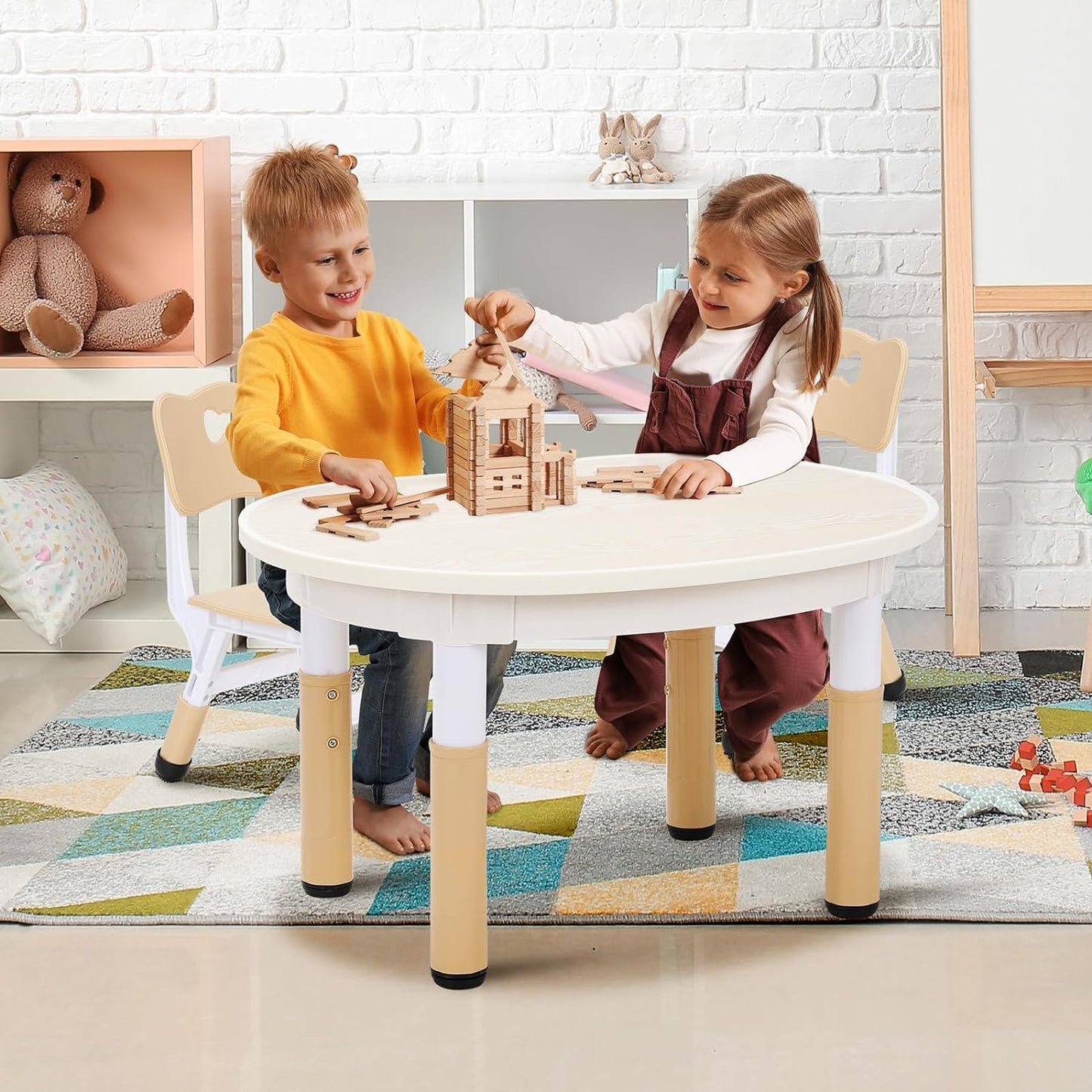 LAZY BUDDY Kids Table and 2 Chairs Set, Height Adjustable Plastic Children Arts & Crafts Desk for Ages 3-8, Cute Peanut Shape Graffiti Desktop