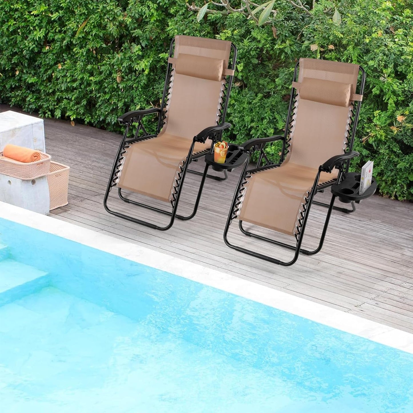 LAZY BUDDY Zero Gravity Chair Set of 2, Outdoor Folding Lounge with Detachable Headrest & Holder Tray, Adjustable Textilene Lawn Reclining, No Assembly Required, for Patio, Backyard, Garden, 330LBS