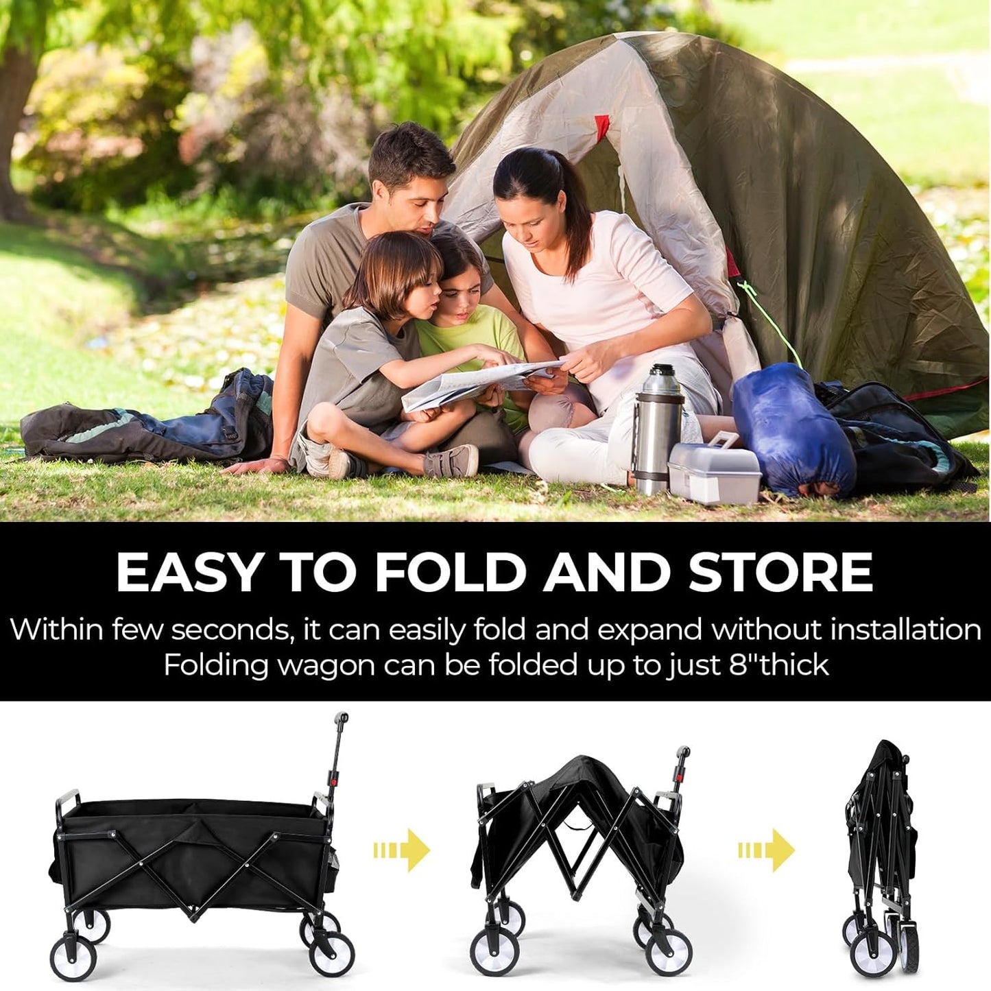 LAZY BUDDY Collapsible Folding Wagon 150 lbs Max Load, Heavy-Duty Portable Utility Shopping Cart, Lightweight Foldable Grocery Stroller, with 360° Wheels, Carry Bag, for Camping, Beach, Garden, Sports